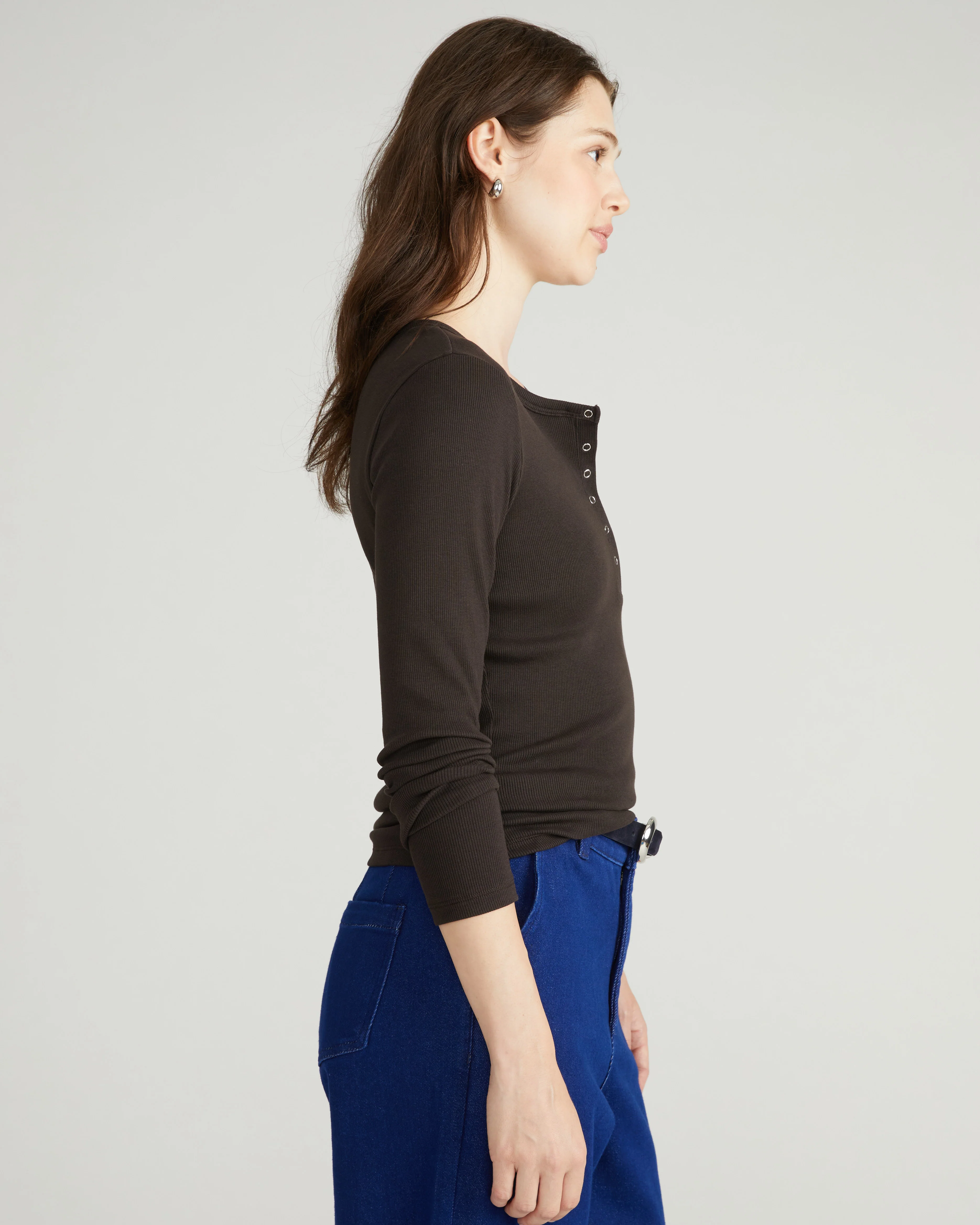 Henley Long Sleeve Ribbed Tee - Espresso - Image 2