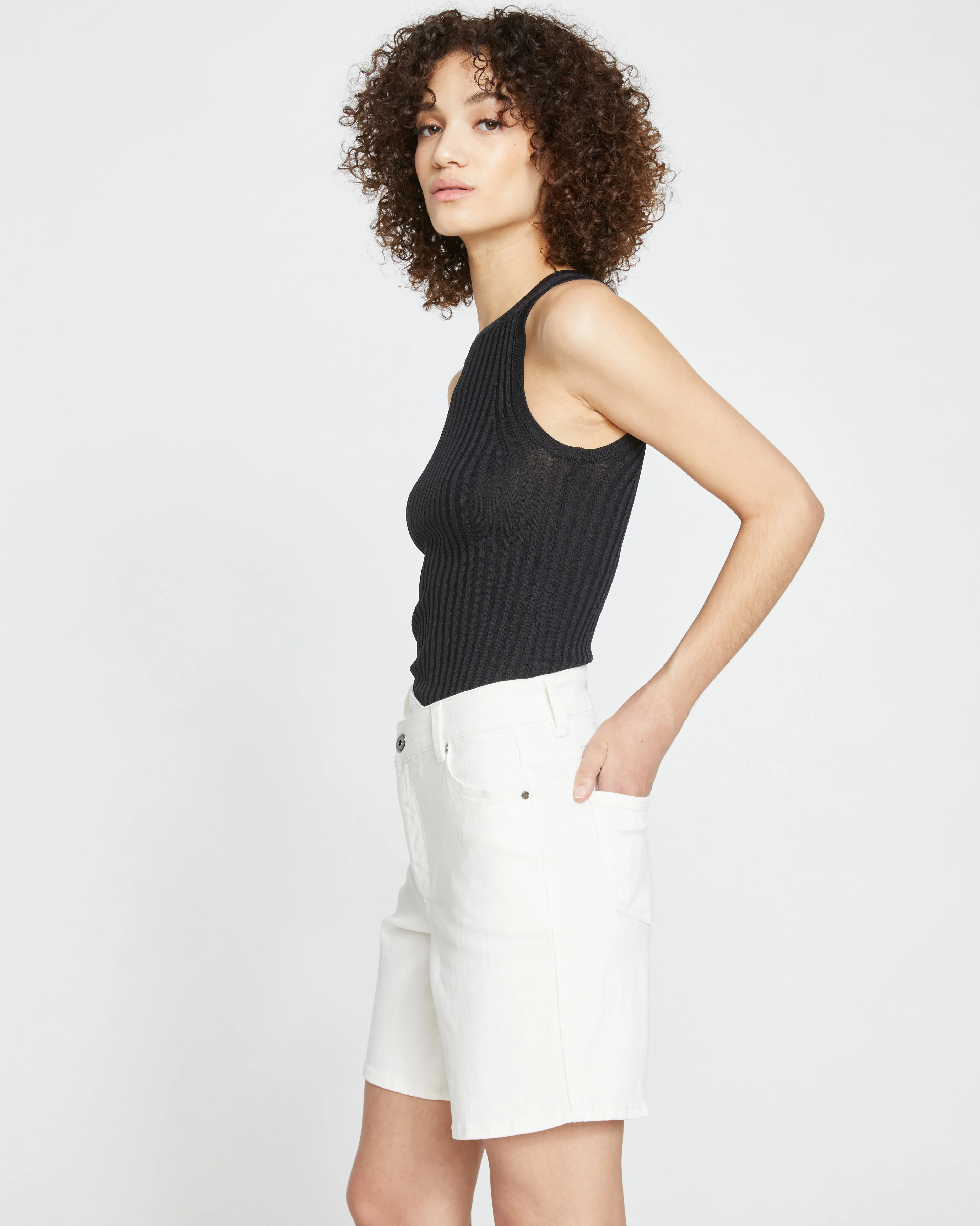 Katie High Rise Crossover Denim Shorts - White - Image 4