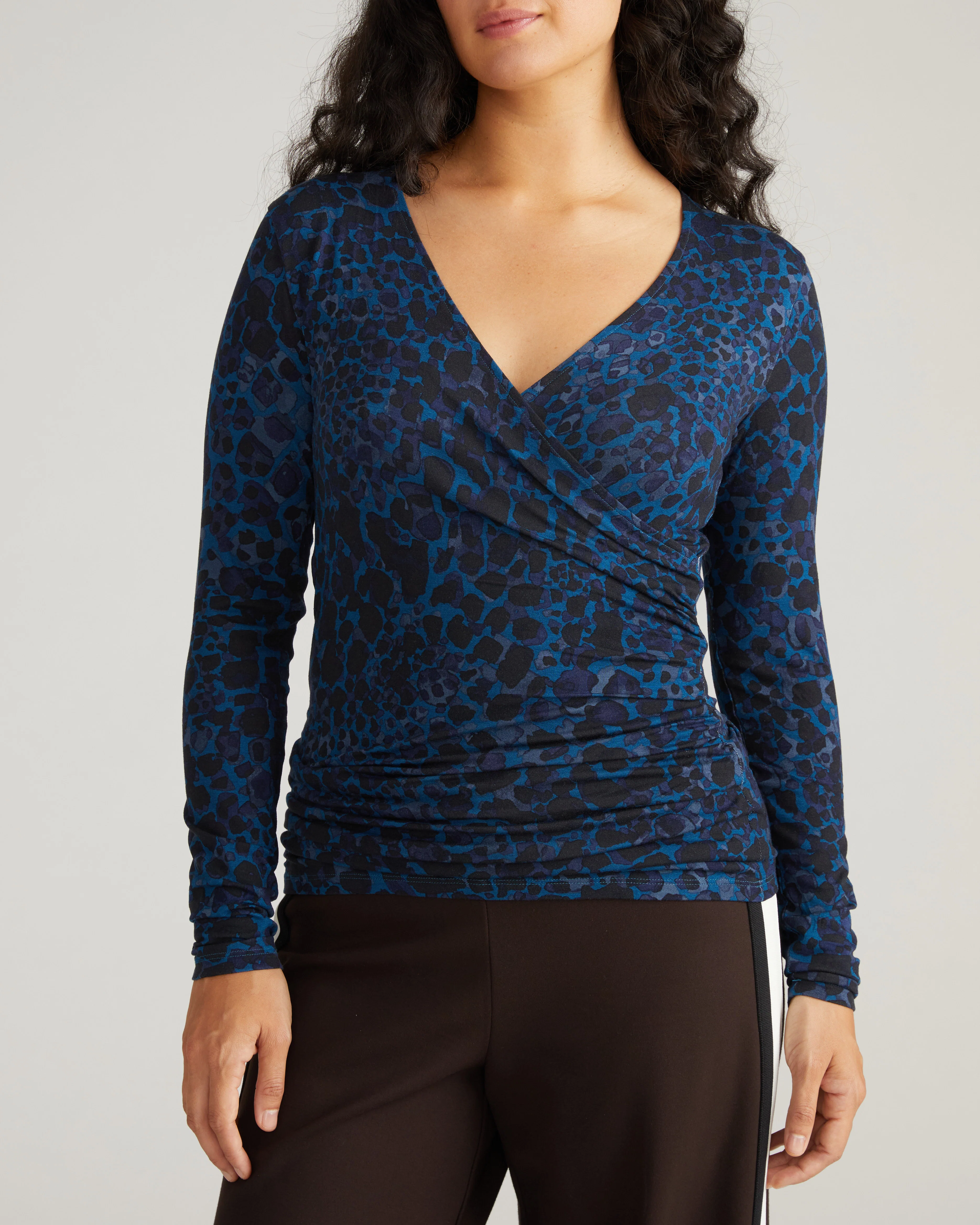 Liquid Jersey Two-Way Long Sleeve Cross Top - Deep Teal Animal Print - Image 2