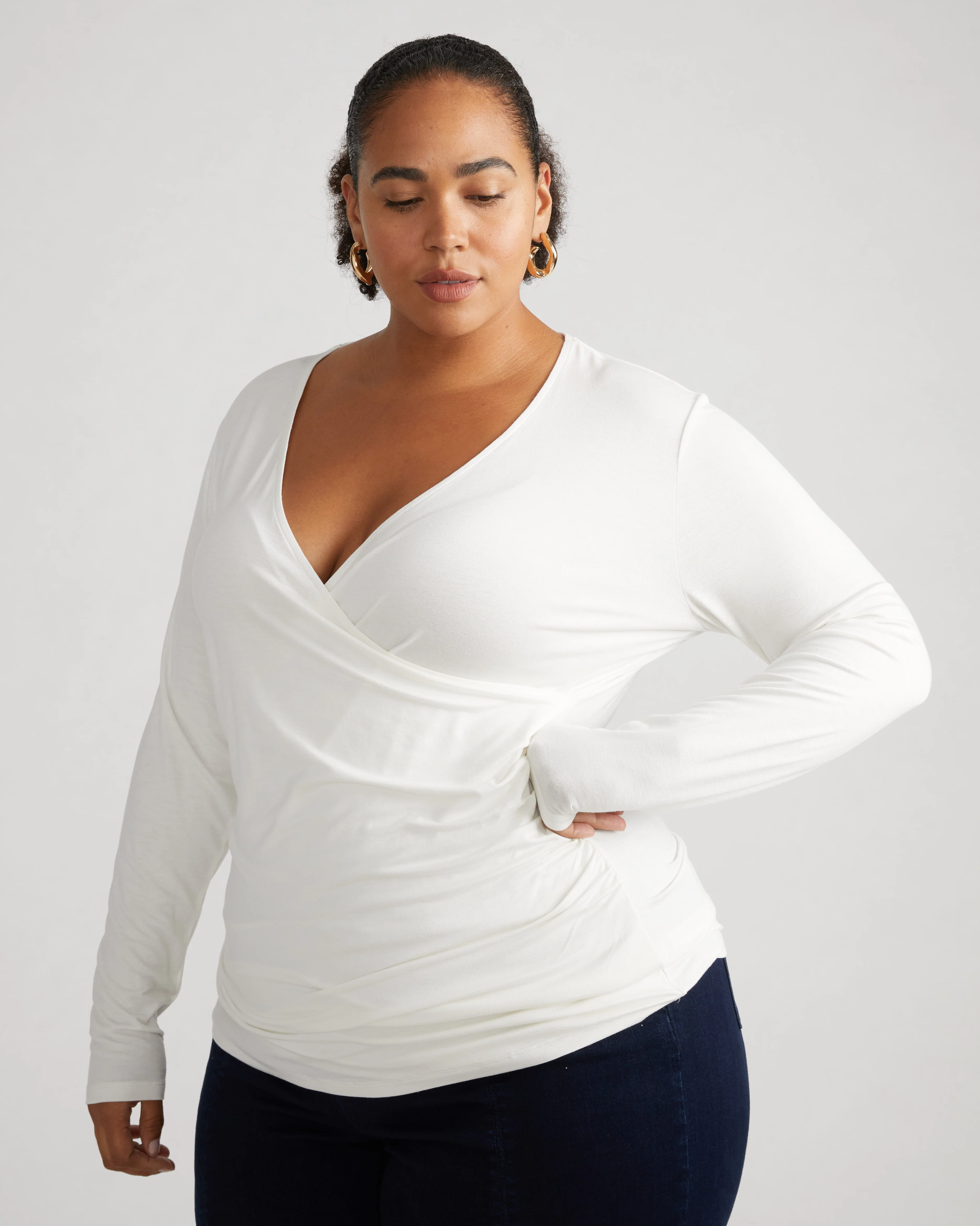 Liquid Jersey Two-Way Long Sleeve Cross Top - White - Image 2