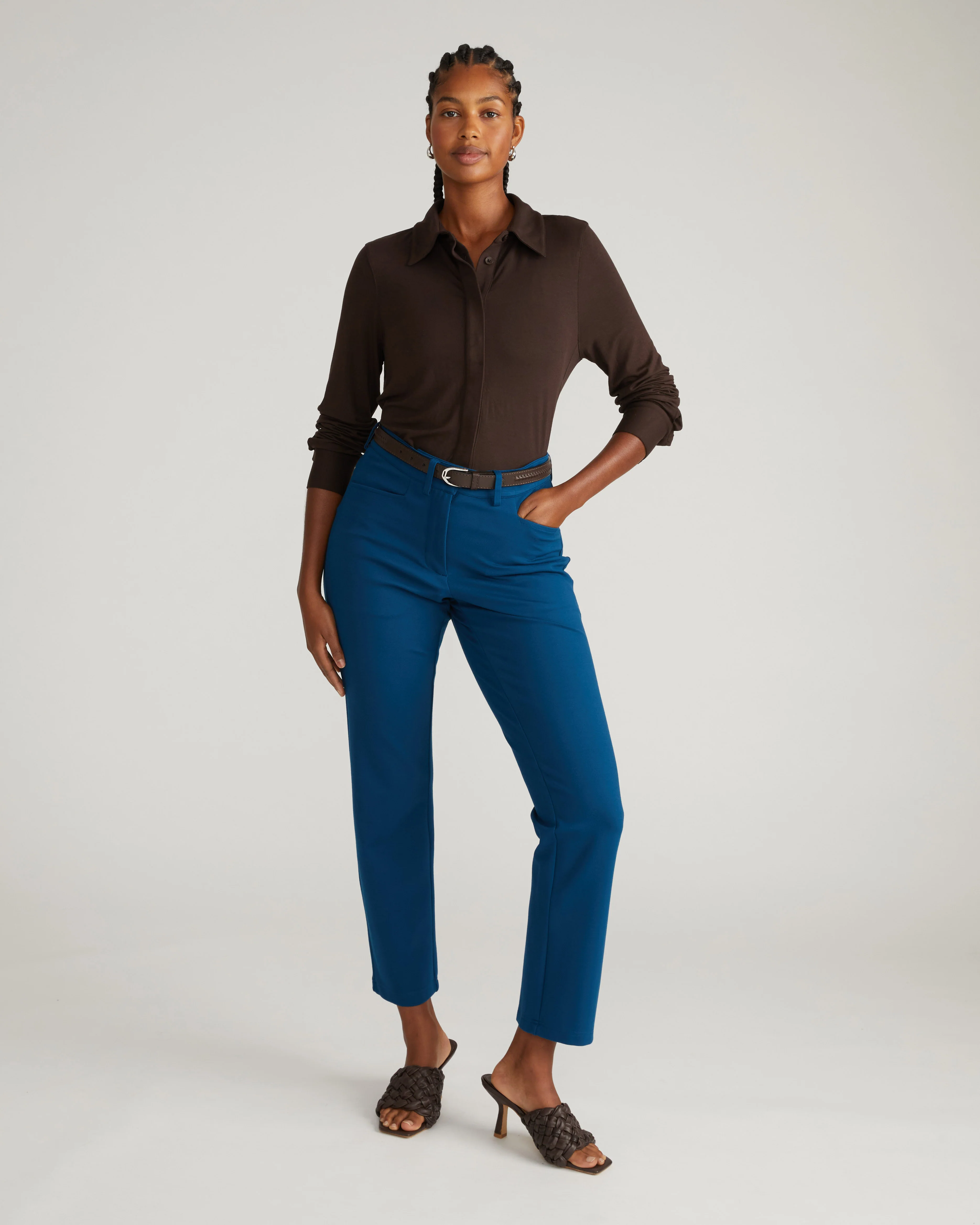 Long Cigarette Ponte Pants - Deep Teal - Image 2