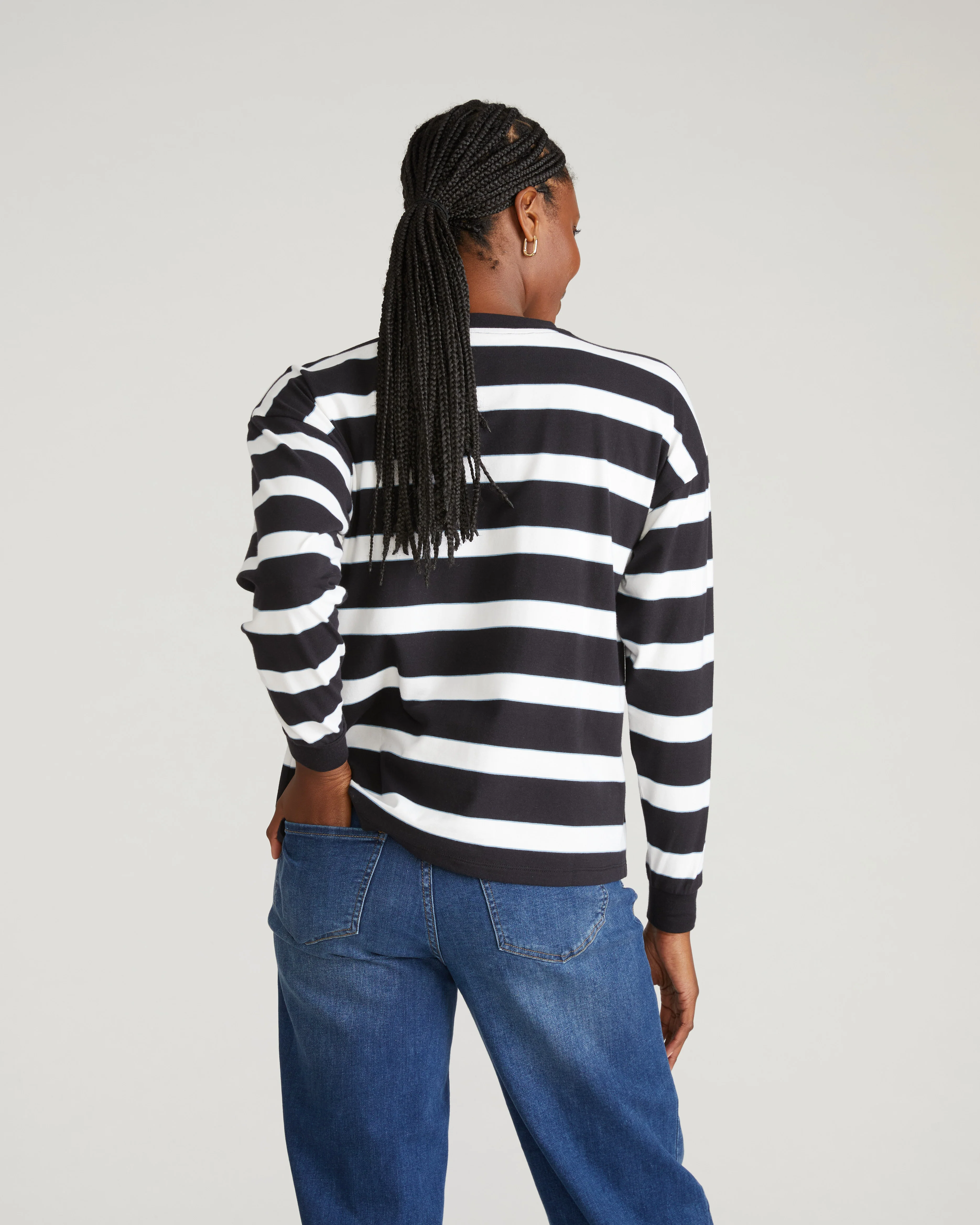 Long Sleeve Relaxed Tee - Black/White Stripe with Aqua Edge - Image 3