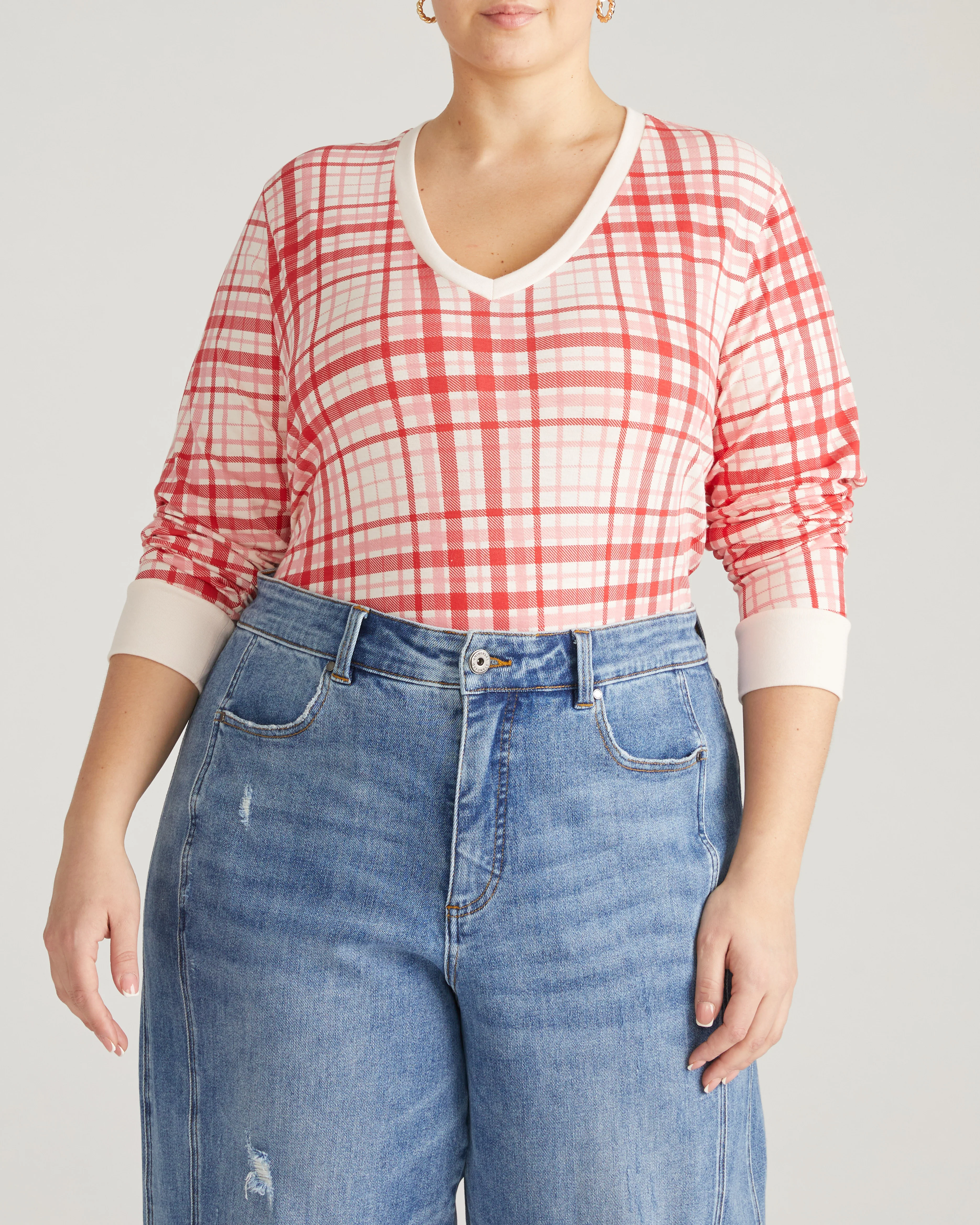 Long Sleeve V Rex - Red Plaid Print - Image 2