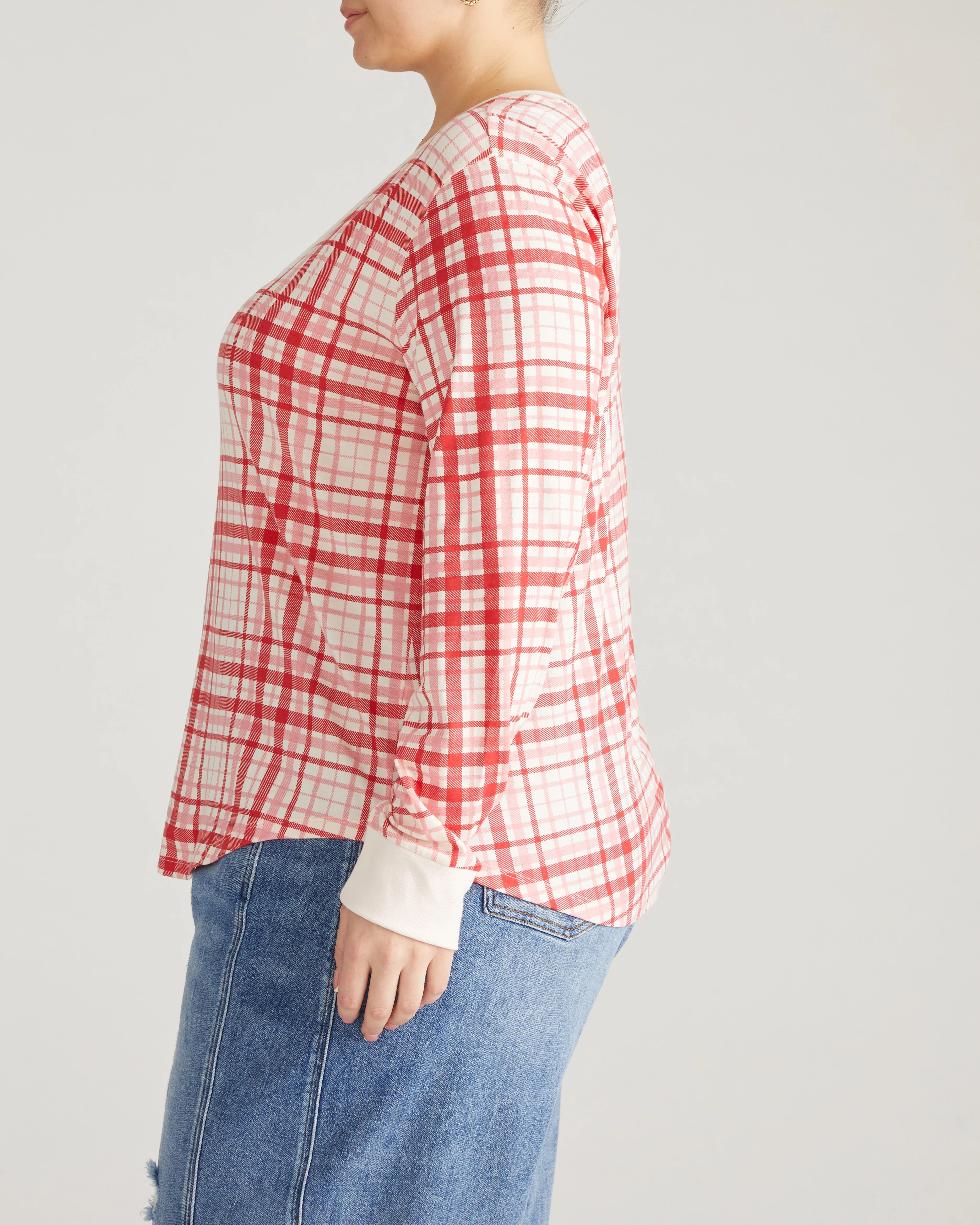 Long Sleeve V Rex - Red Plaid Print - Image 3
