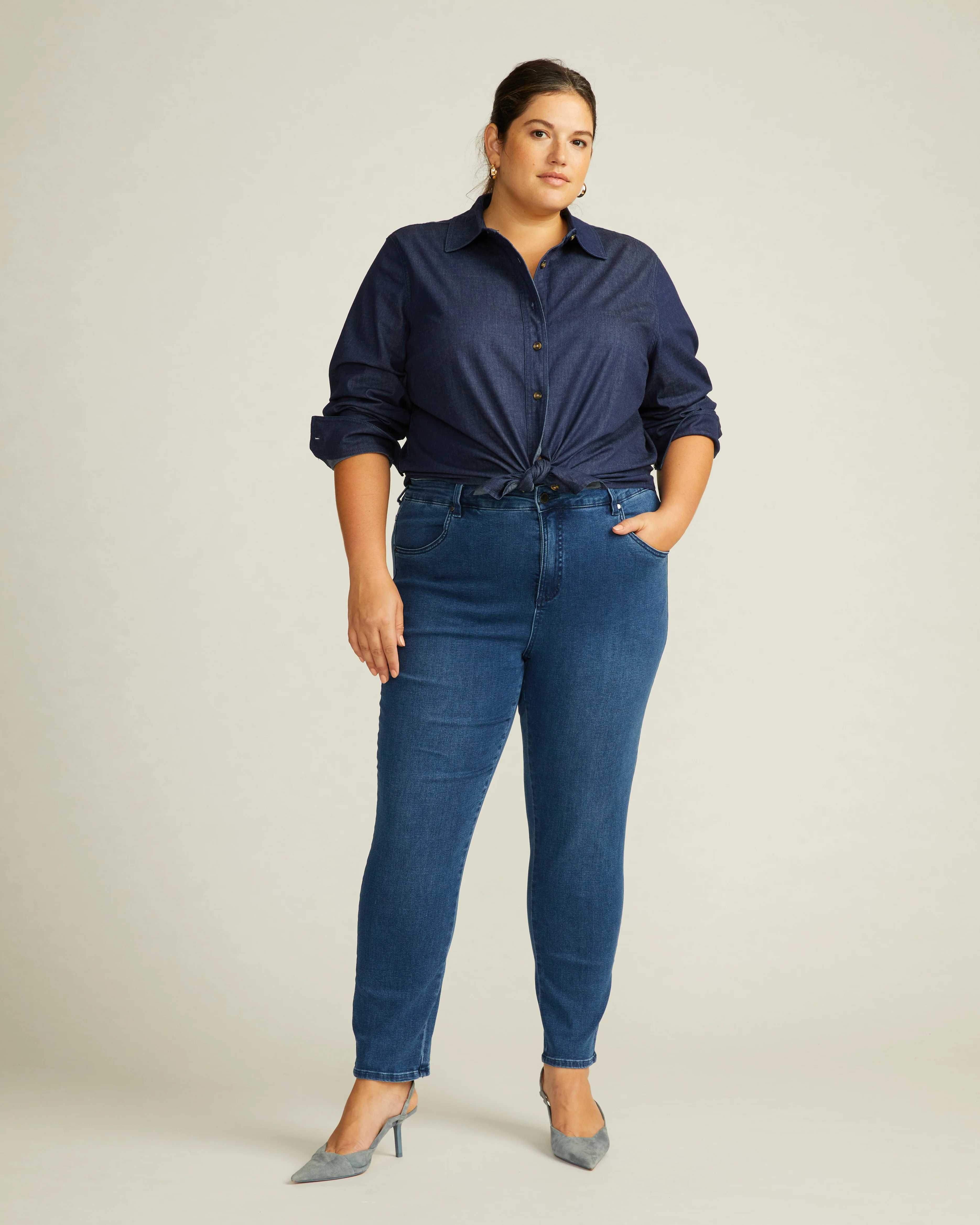 Minimalist Stretch Cotton Chambray Shirt - Dark Indigo - Image 2
