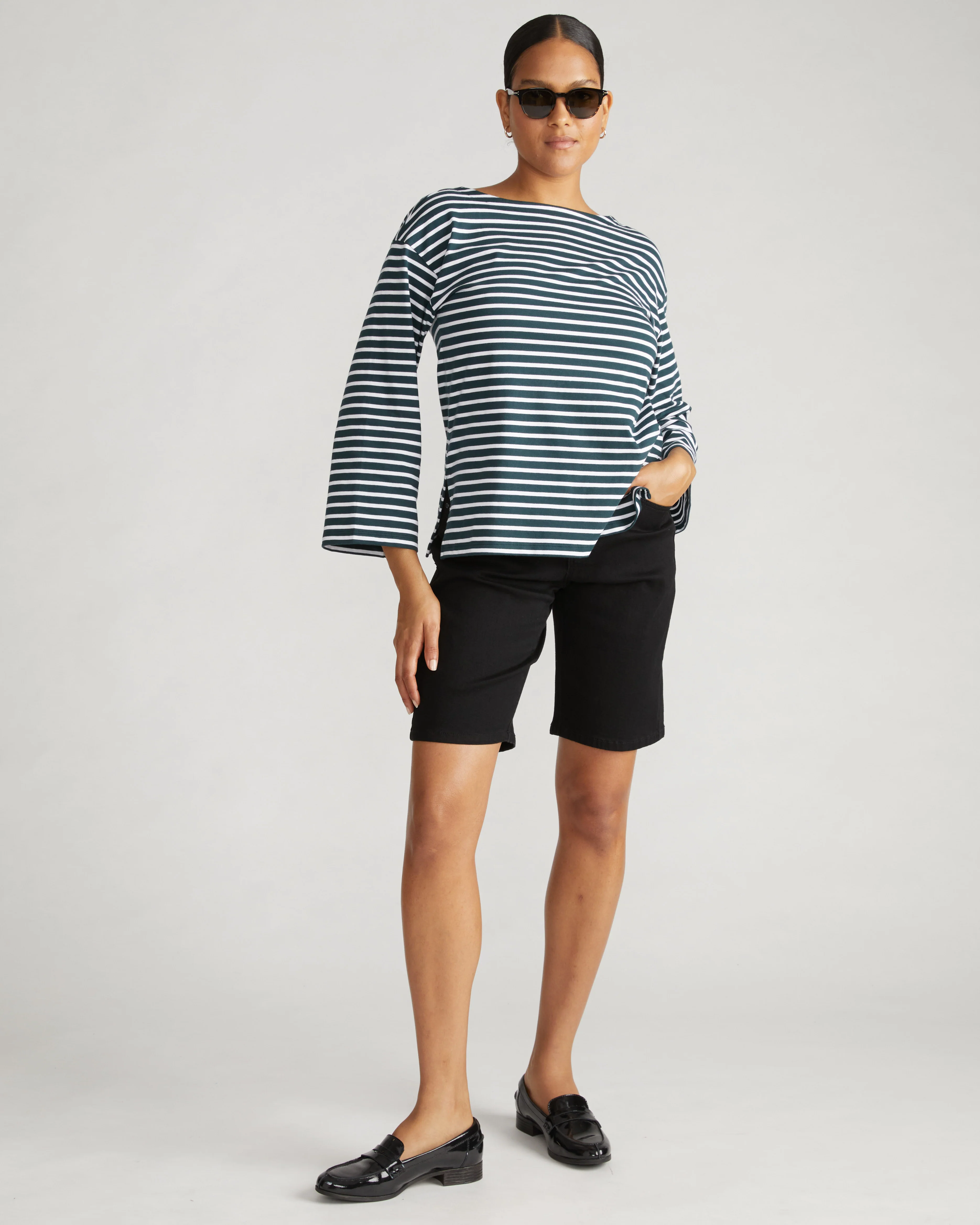 Montauk Breton Stripe Bell Sleeve Top - Deep Sea/White Stripe - Image 2