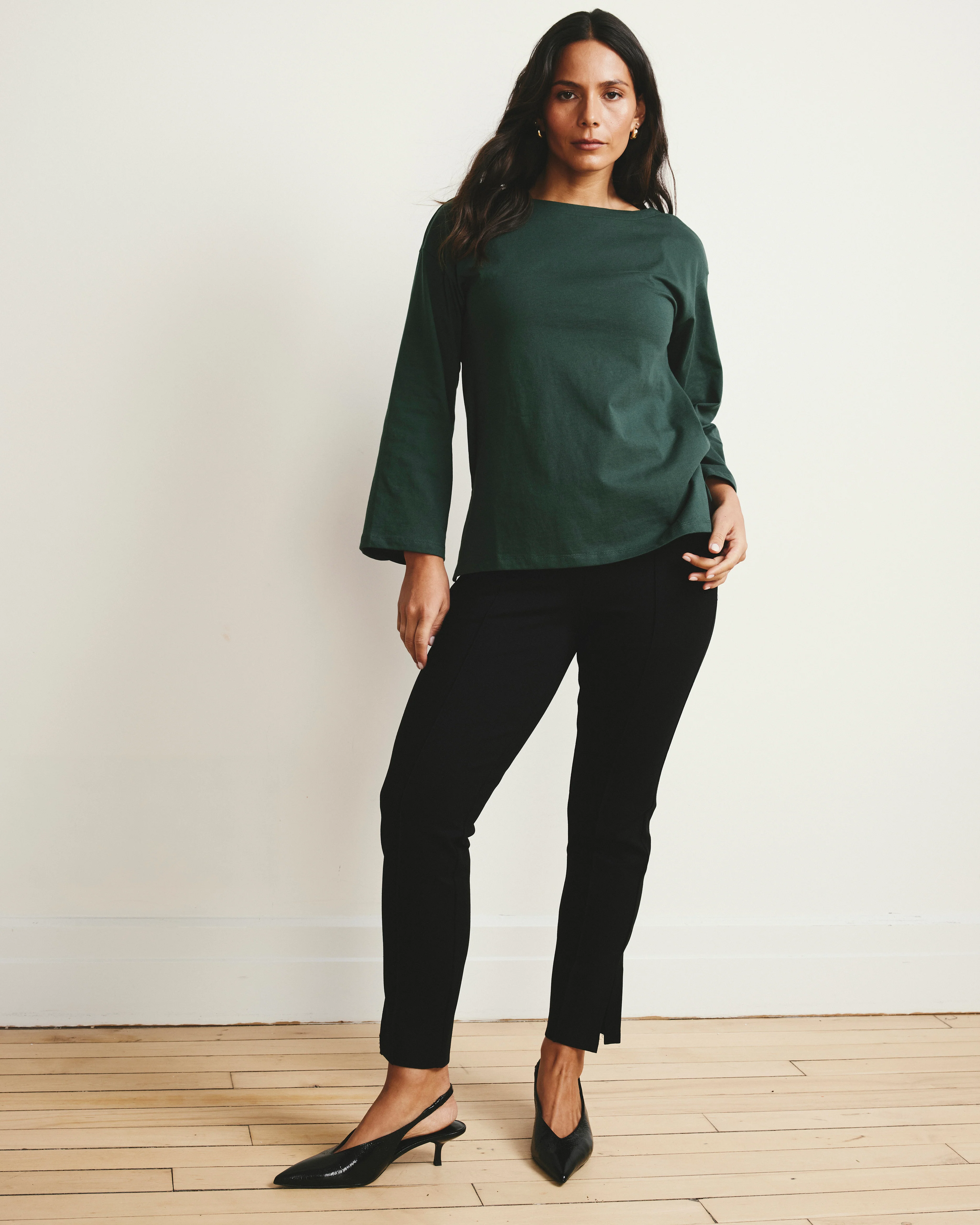 Montauk Breton Stripe Bell Sleeve Top - Solid Conifer