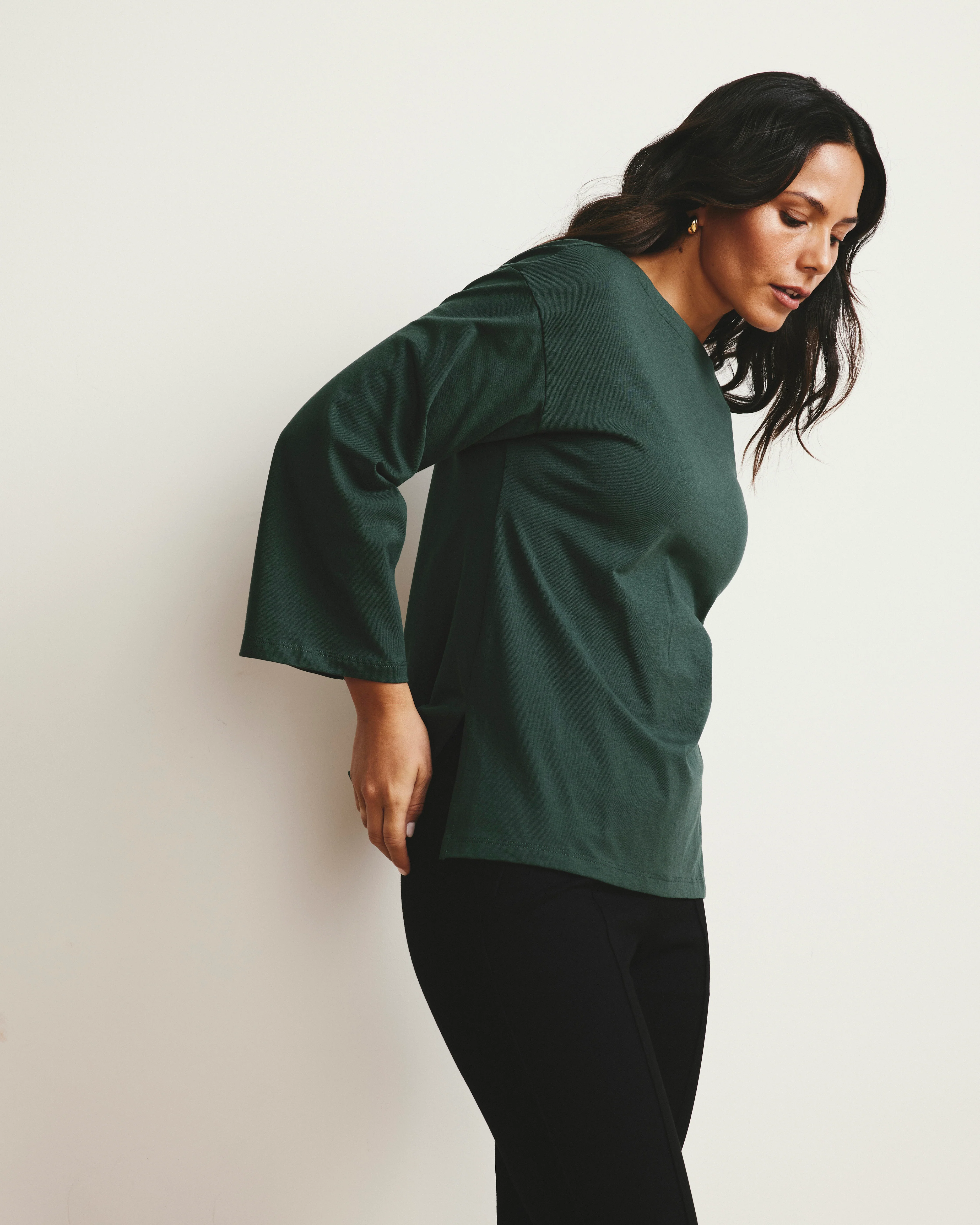 Montauk Breton Stripe Bell Sleeve Top - Solid Conifer - Image 2