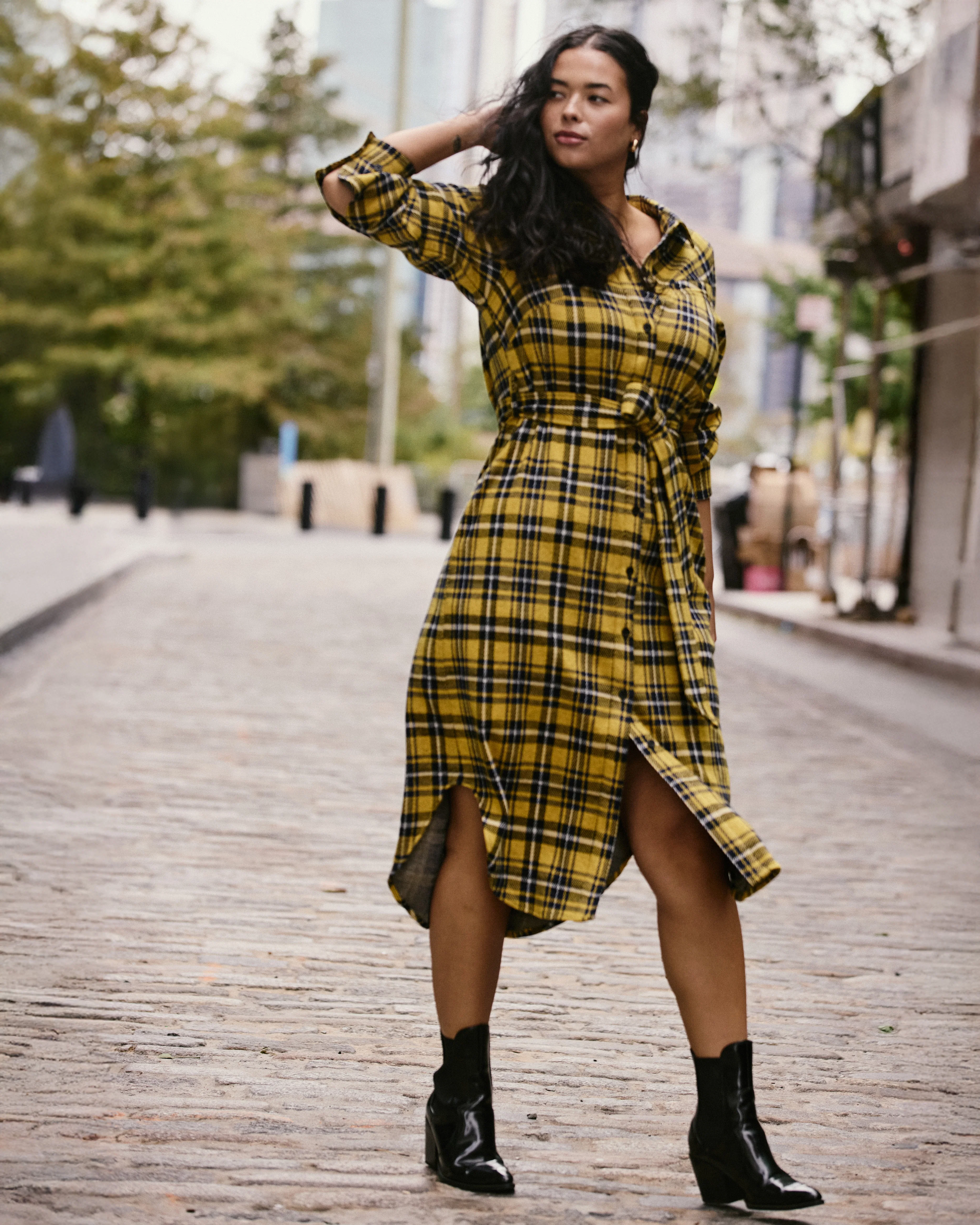 Morgan Belted Stretch Flannel Shirtdress - Chamomile Yellow Plaid - Image 2