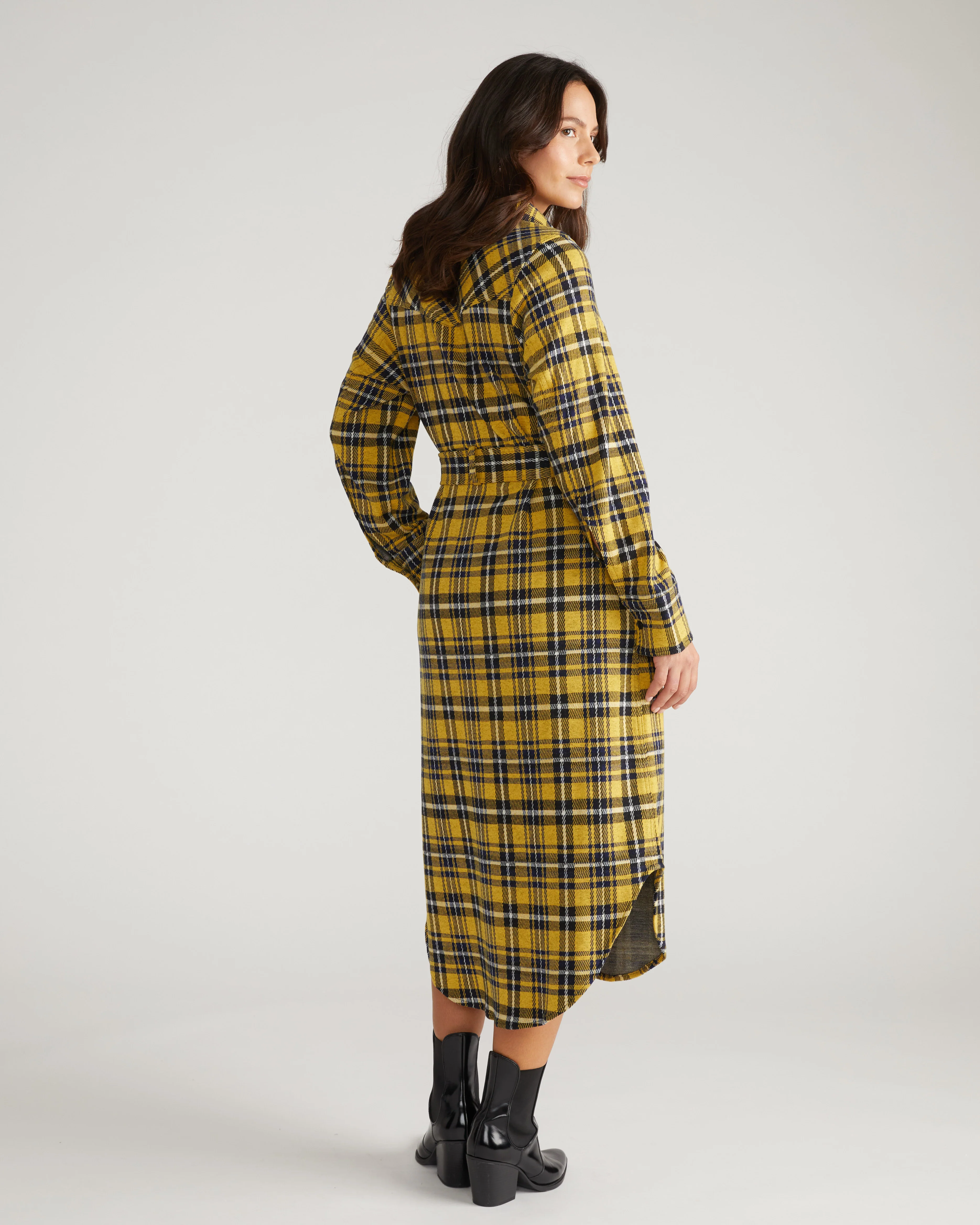 Morgan Belted Stretch Flannel Shirtdress - Chamomile Yellow Plaid - Image 7