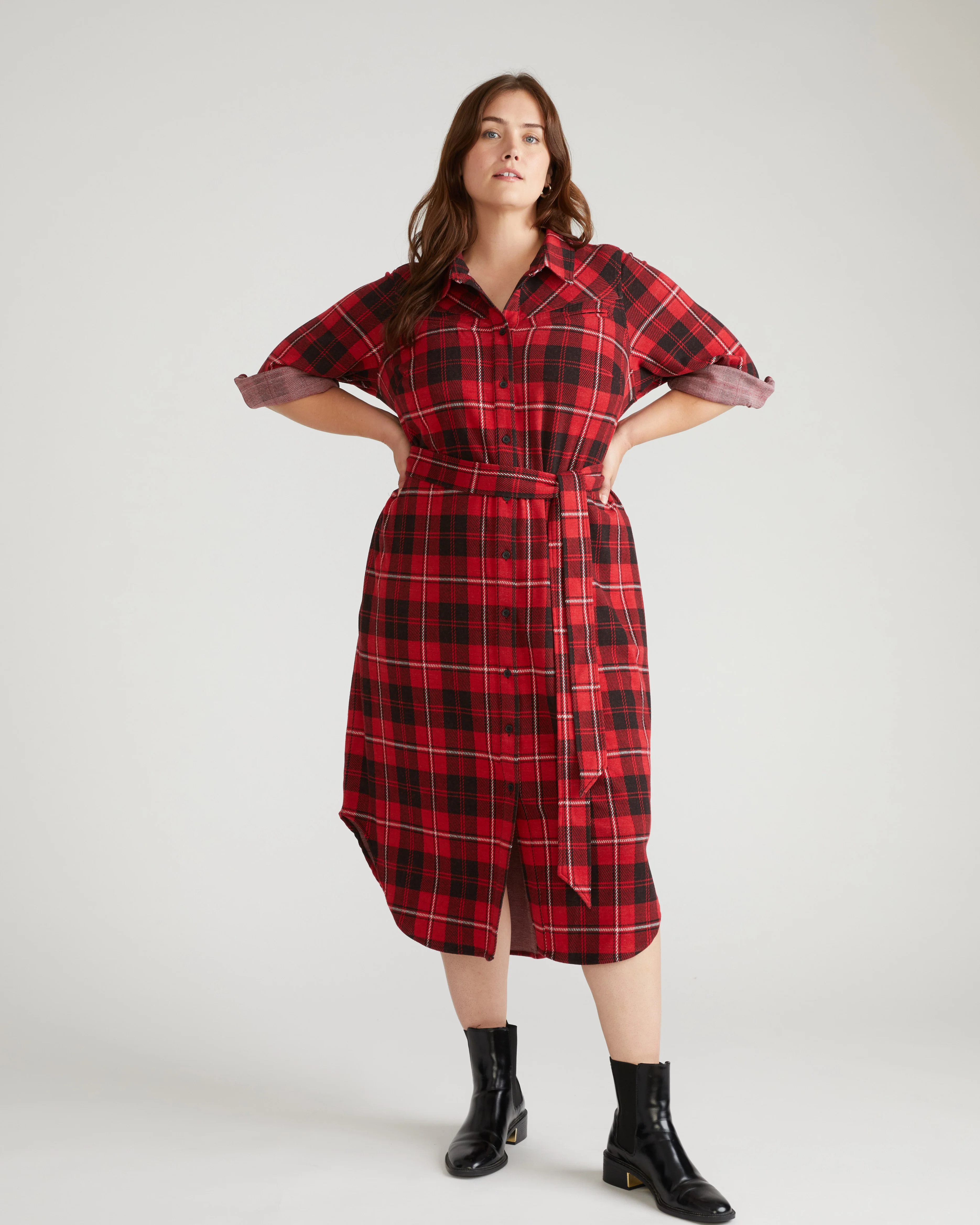 Morgan Belted Stretch Flannel Shirtdress - Ridge Brew Red Plaid - Image 2