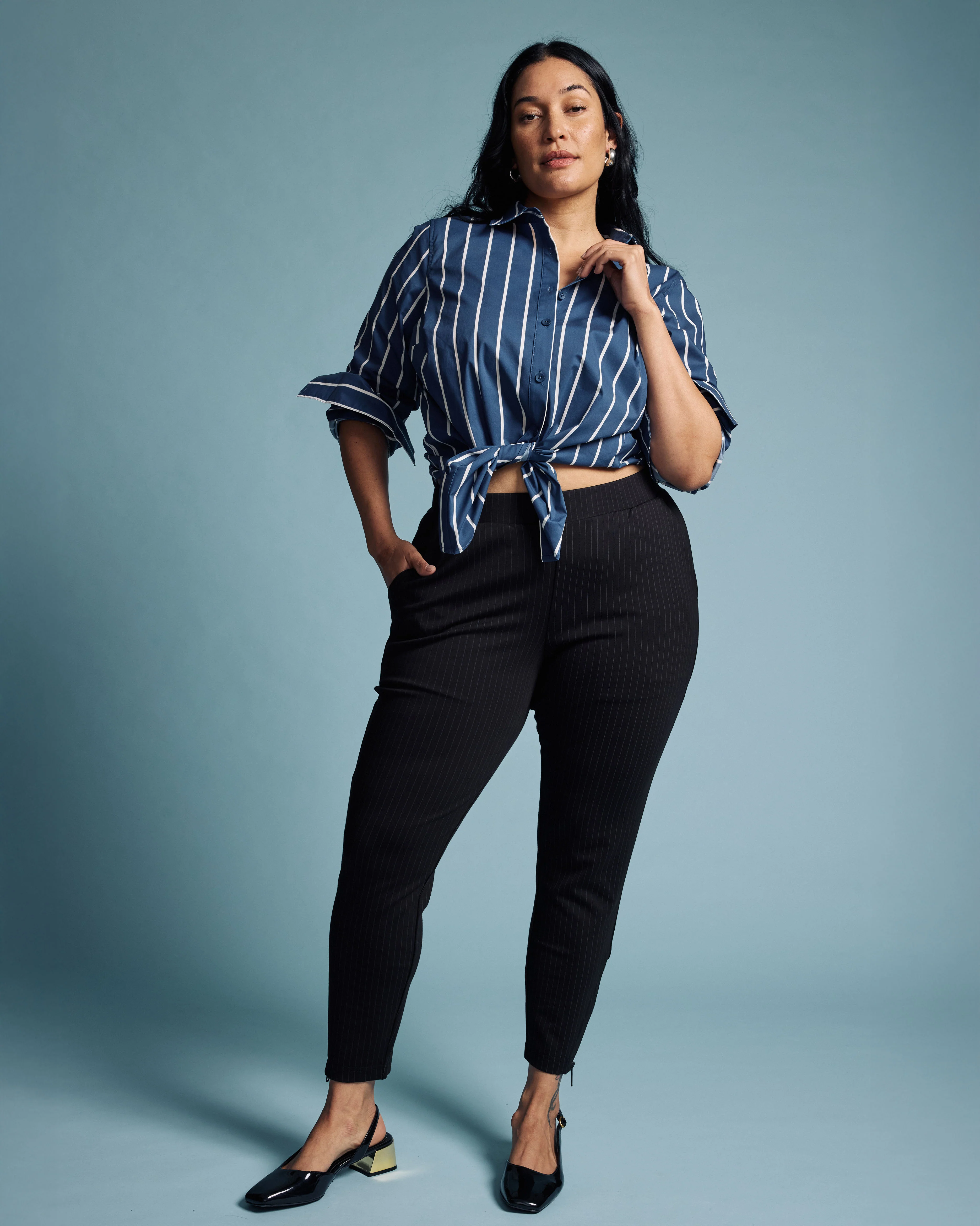 Moro Pocket Signature Ponte Pants - Slate Pinstripe