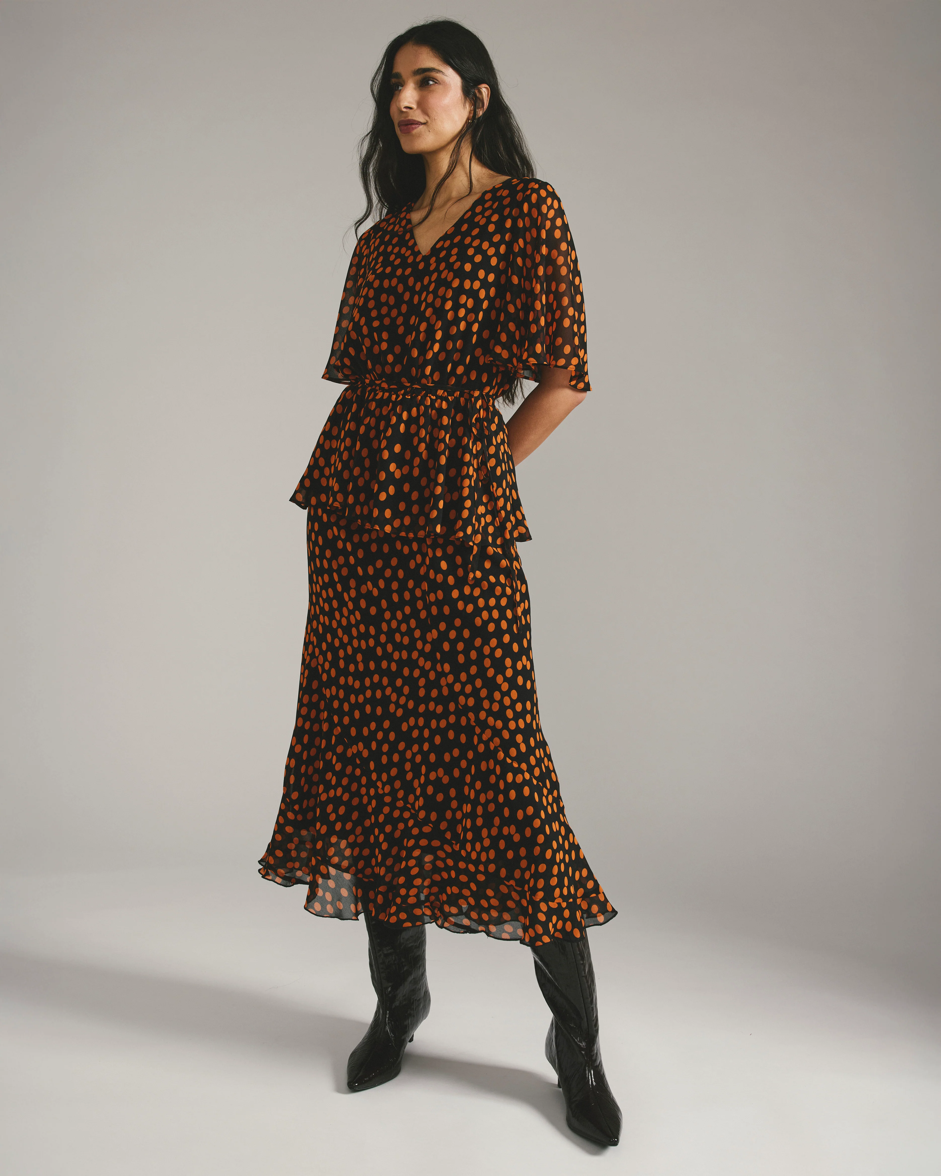 Navarte Chiffon Midi Skirt - Black/Orange Dot Print - Image 2