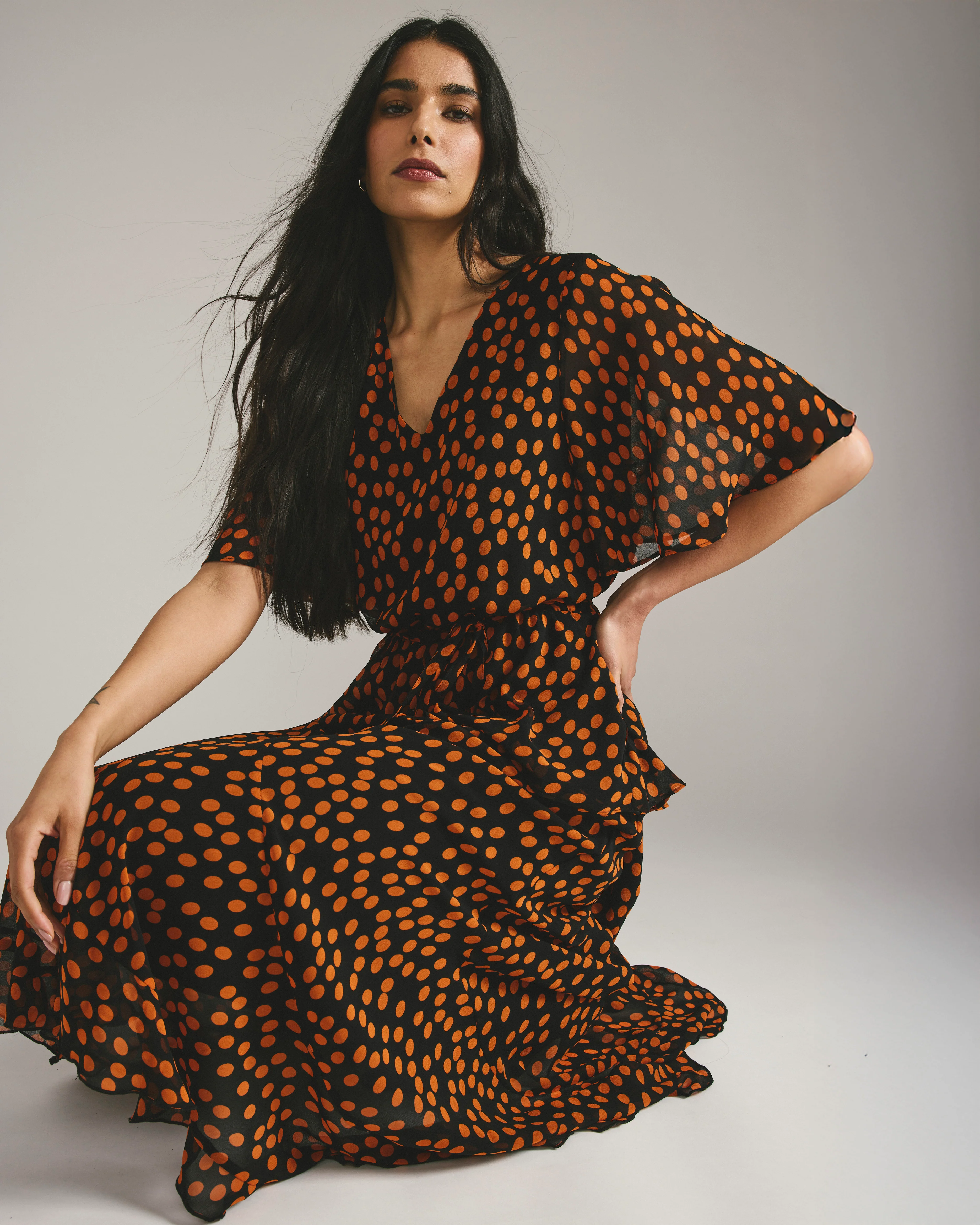 Navarte Chiffon Midi Skirt - Black/Orange Dot Print - Image 3