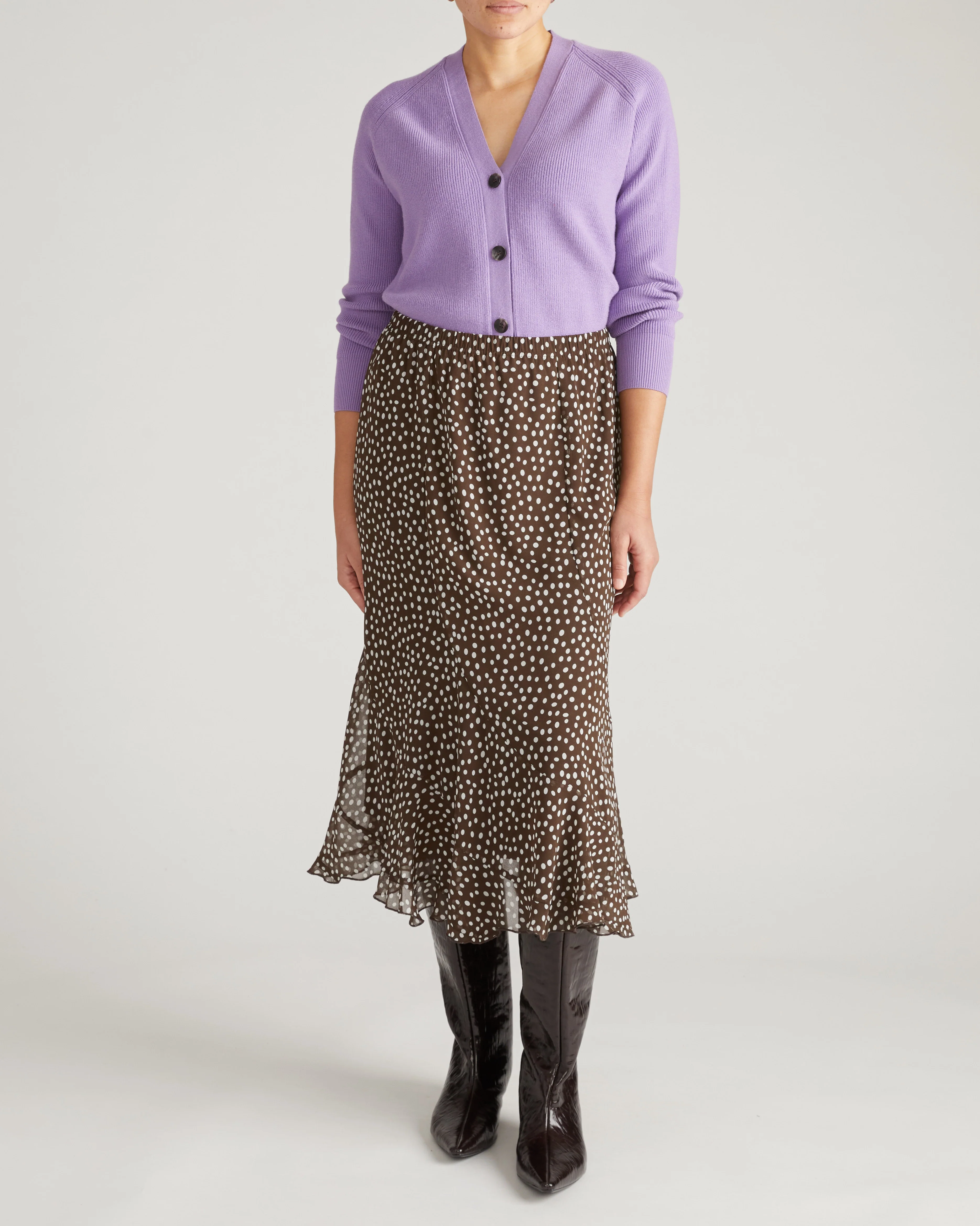 Navarte Chiffon Midi Skirt - Brown/White Dot Print - Image 7