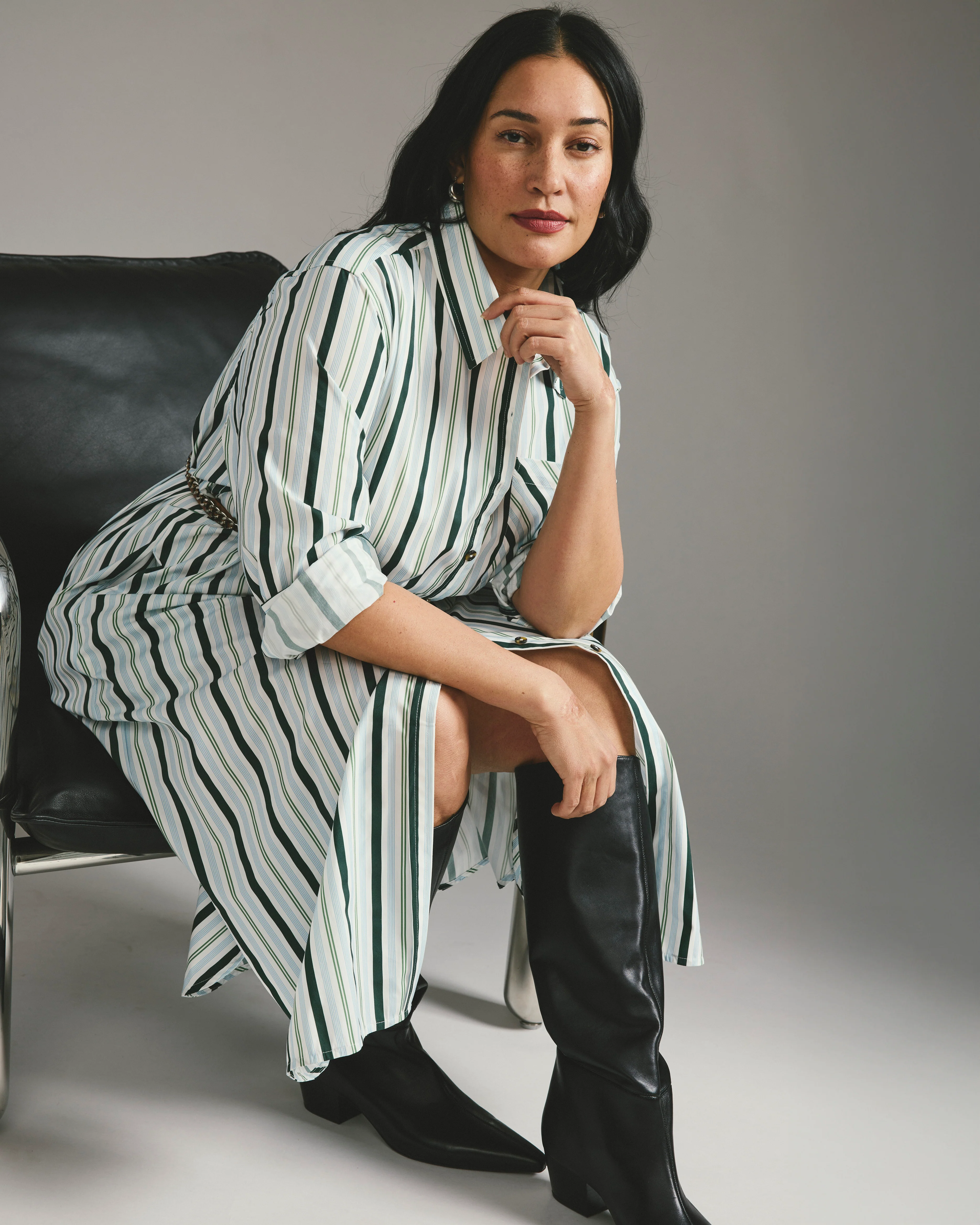 Odeon Stretch Poplin Shirtdress - Forest Green Multi Stripe