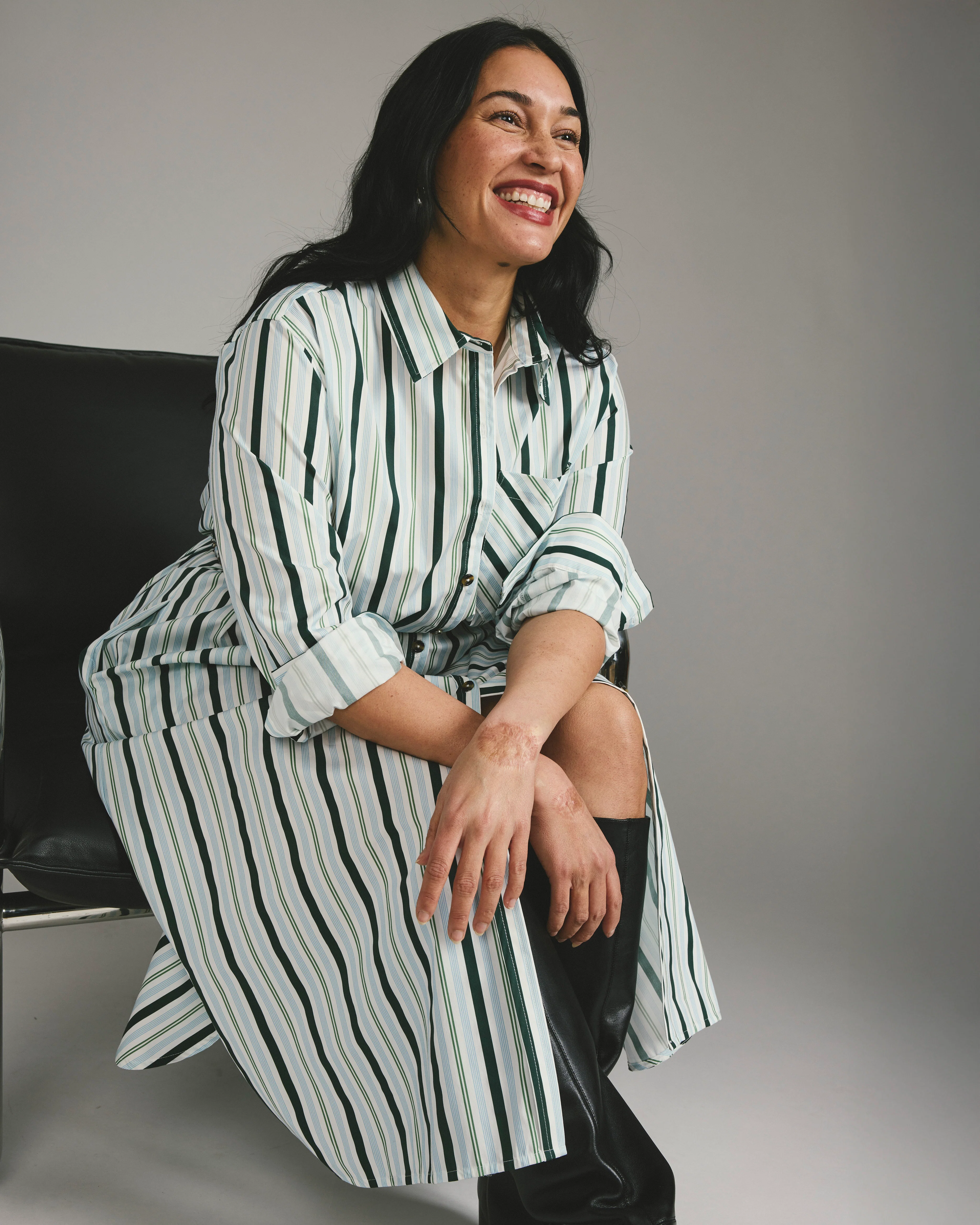 Odeon Stretch Poplin Shirtdress - Forest Green Multi Stripe - Image 2