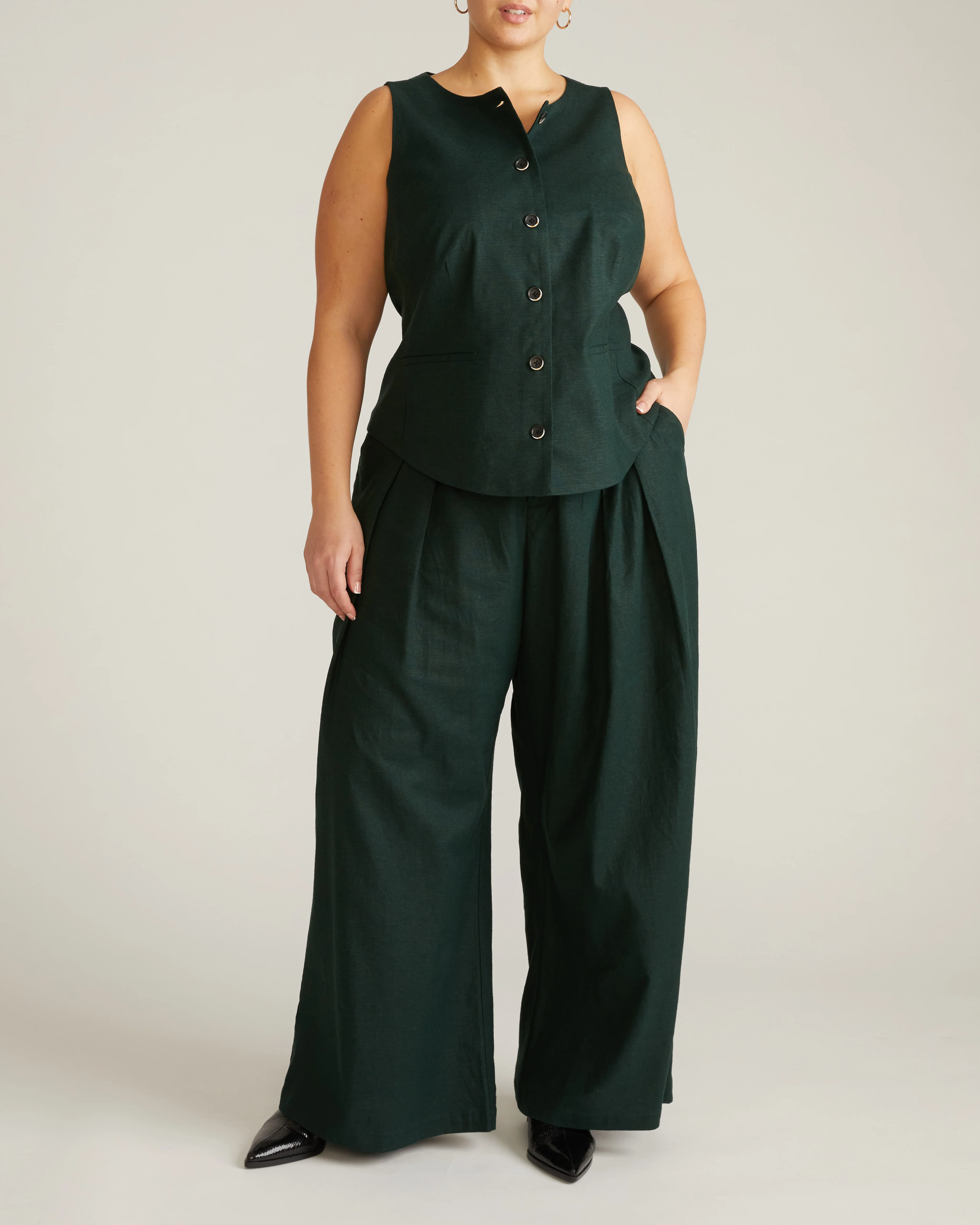 Palais Stretch Linen Wide Leg Pant - Forest Green - Image 7