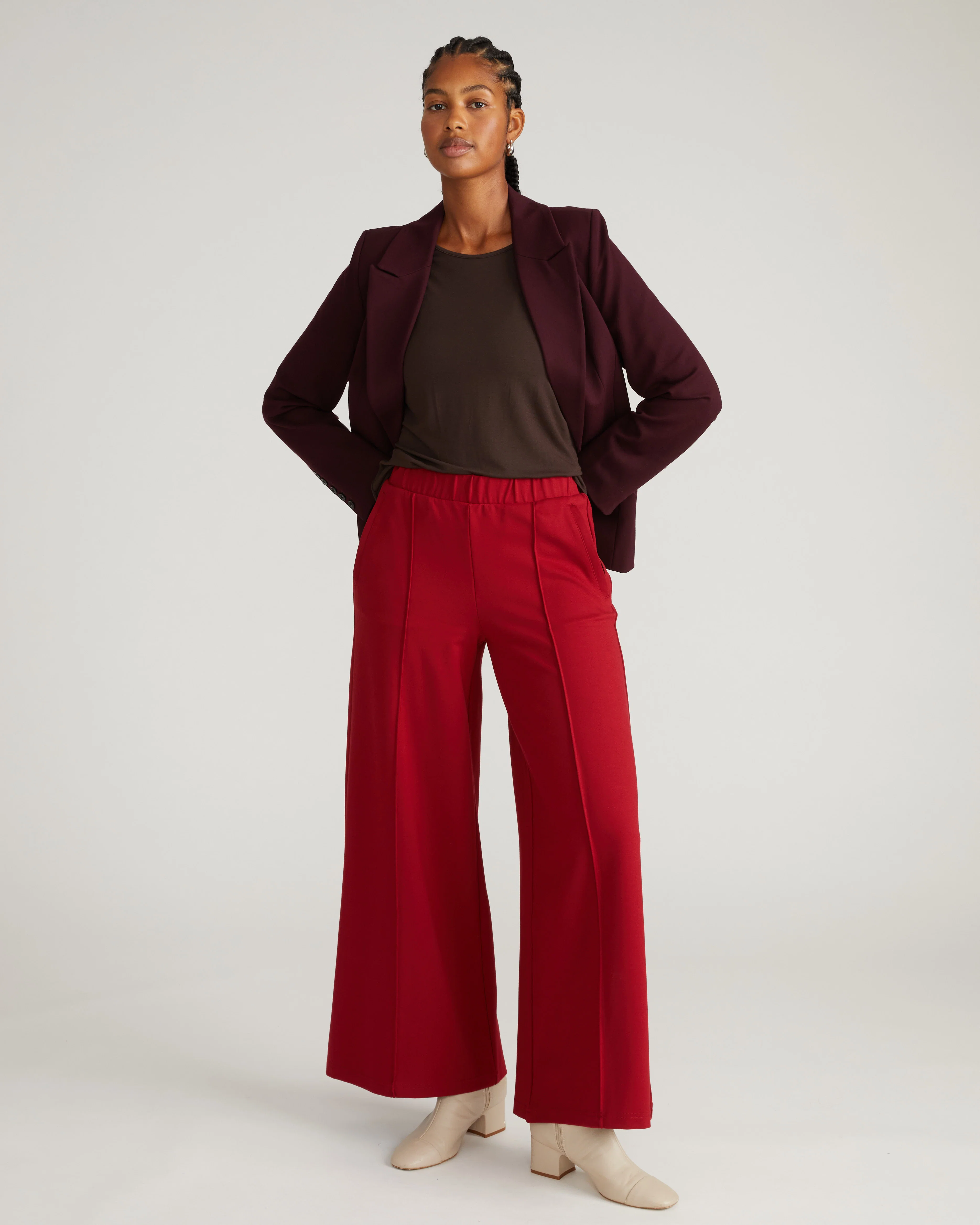Pam Pintuck Wide Leg Ponte Pants - Garnet - Image 2