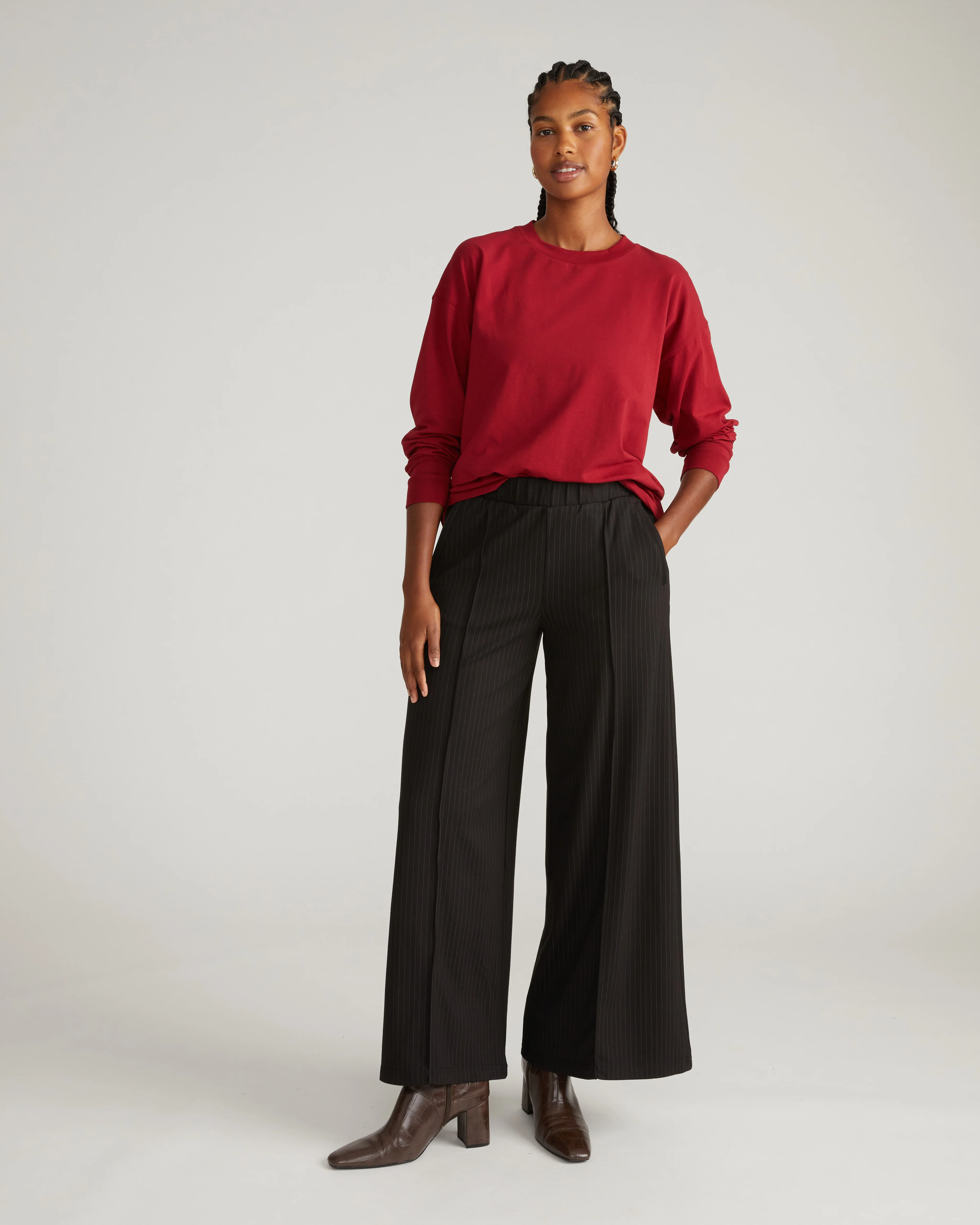 Pam Pintuck Wide Leg Ponte Pants - Slate Pinstripe - Image 2
