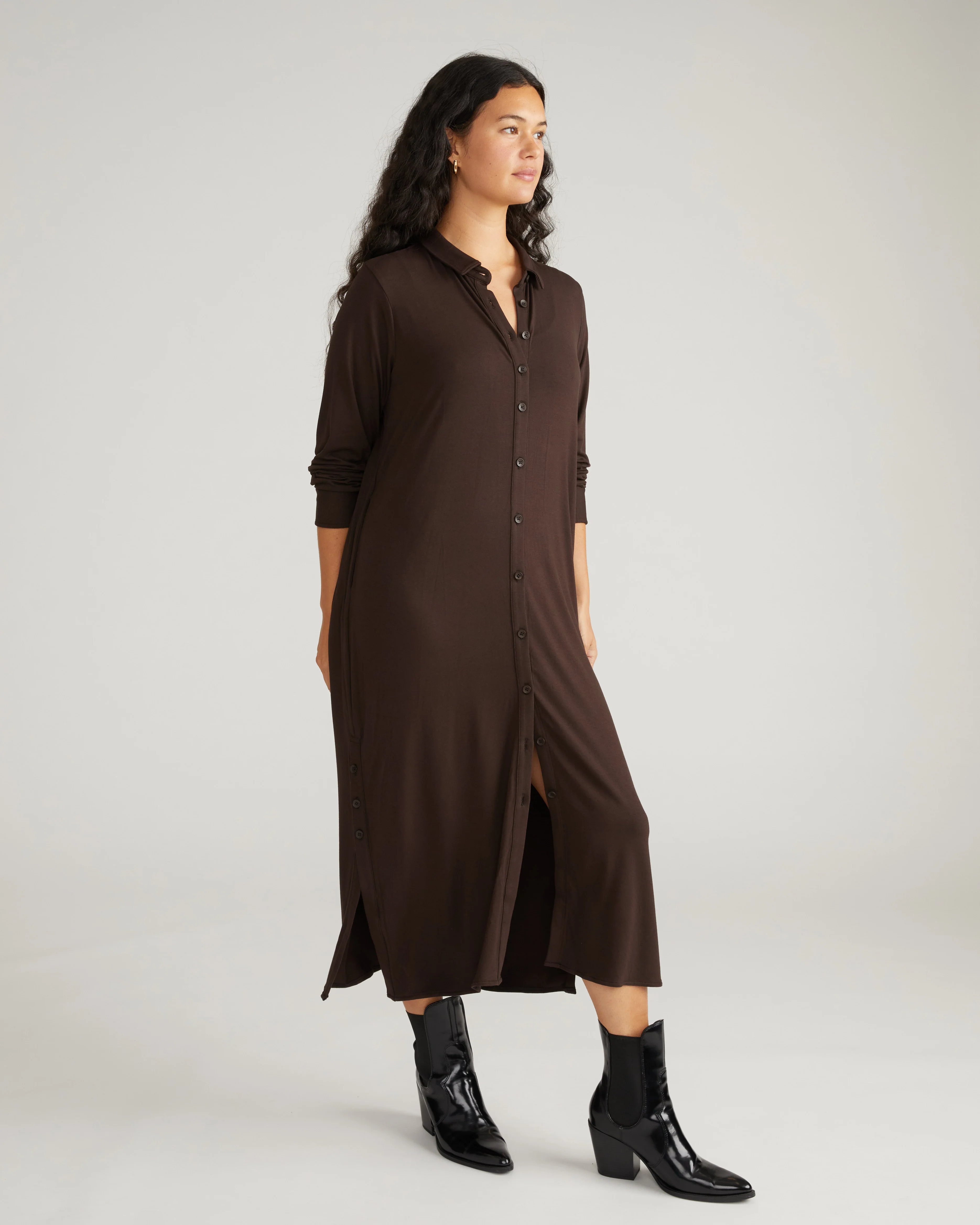 Sally Liquid Jersey Shirt Dress - Espresso - Image 2