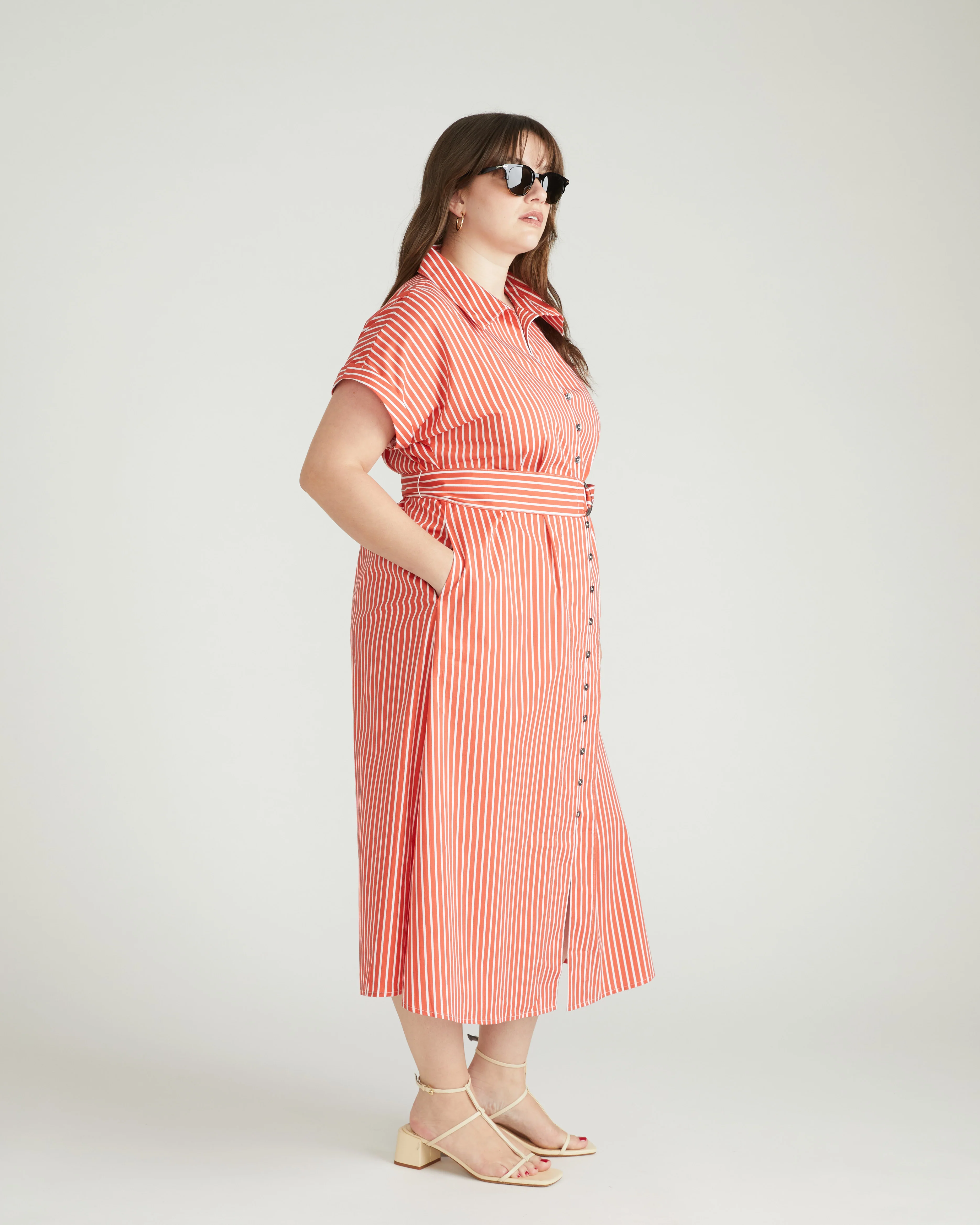 Sandy Stretch Poplin Shirtdress - Coral Reef/White Stripe - Image 4