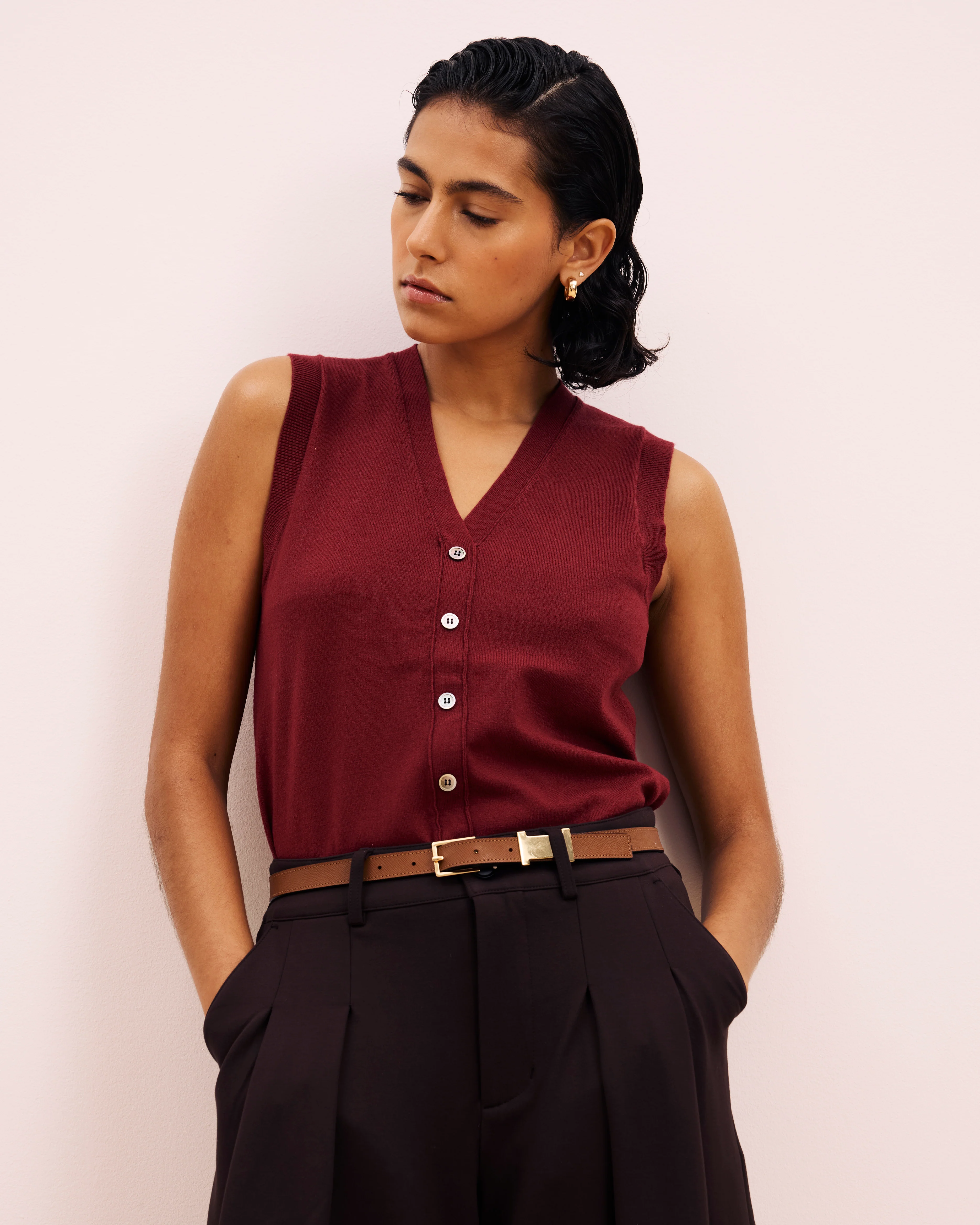 Savvy Fine Knit Cardigan Vest - Red Geranium
