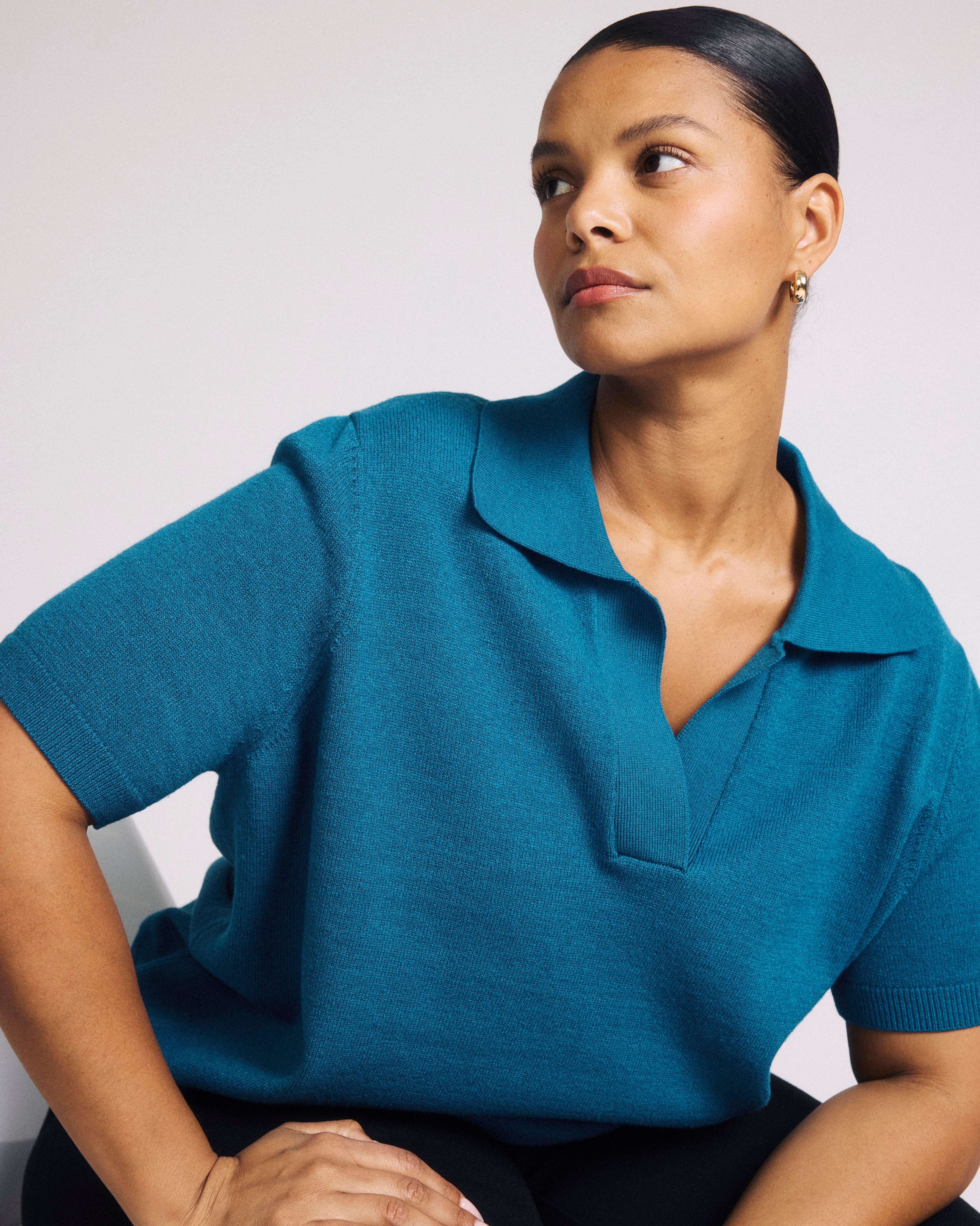 Savvy Fine Knit Short Sleeve Polo Sweater - Blue Beetle - Image 3