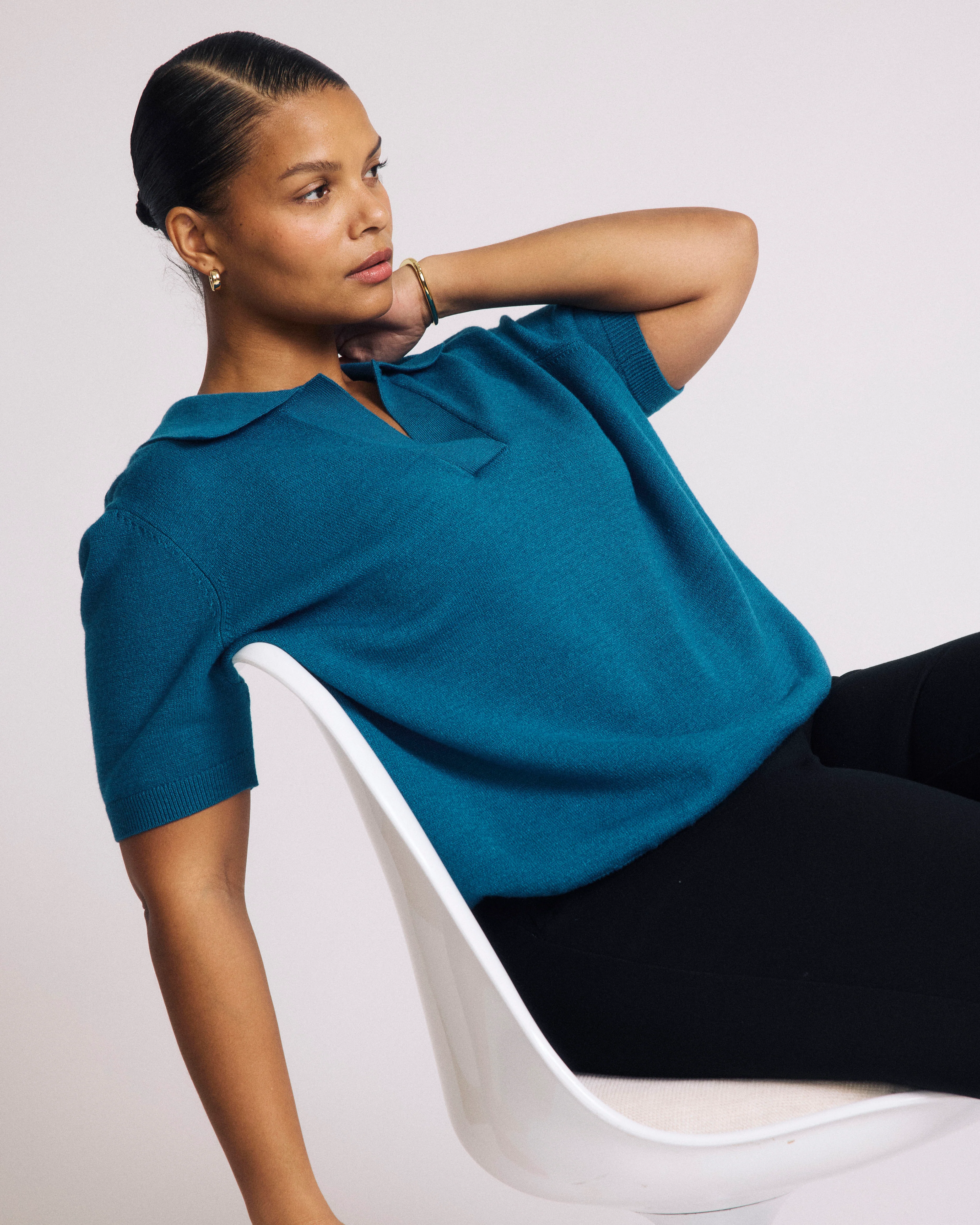 Savvy Fine Knit Short Sleeve Polo Sweater - Blue Beetle - Image 4
