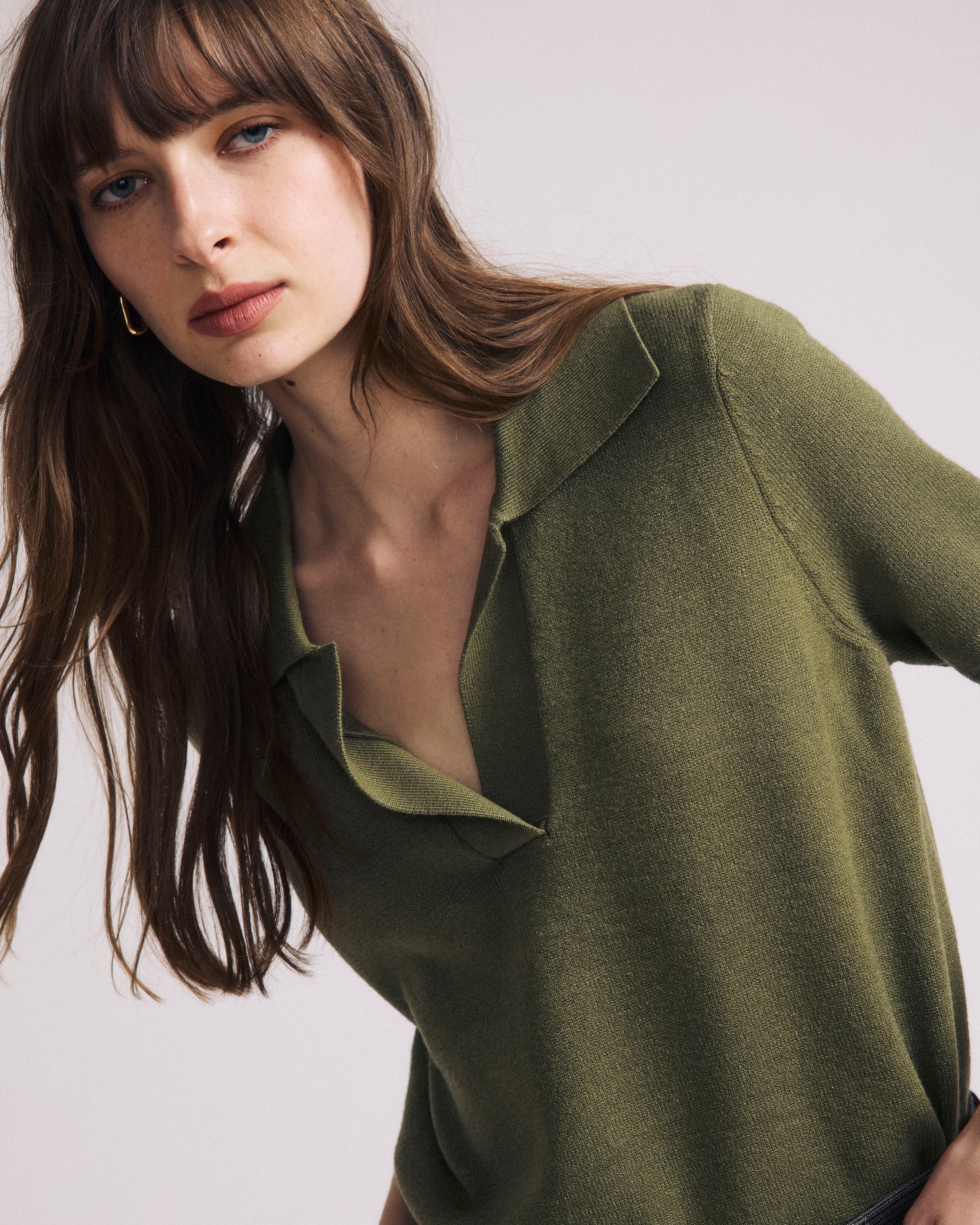 Savvy Fine Knit Short Sleeve Polo Sweater - Olive Leaf - Image 3