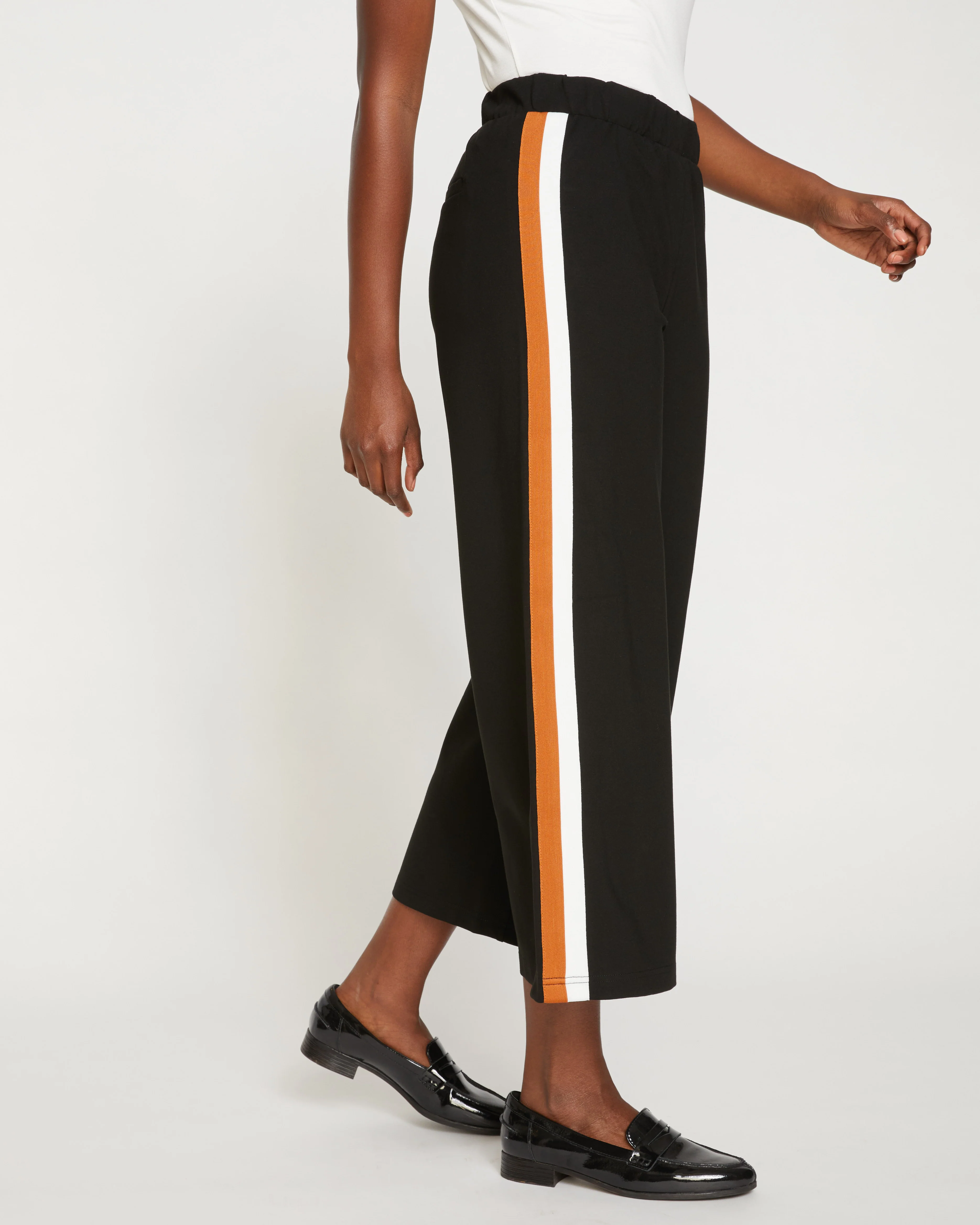Stephanie Wide Leg Stripe Ponte Pants 27 Inch - Black with Ochre/White Stripe - Image 2
