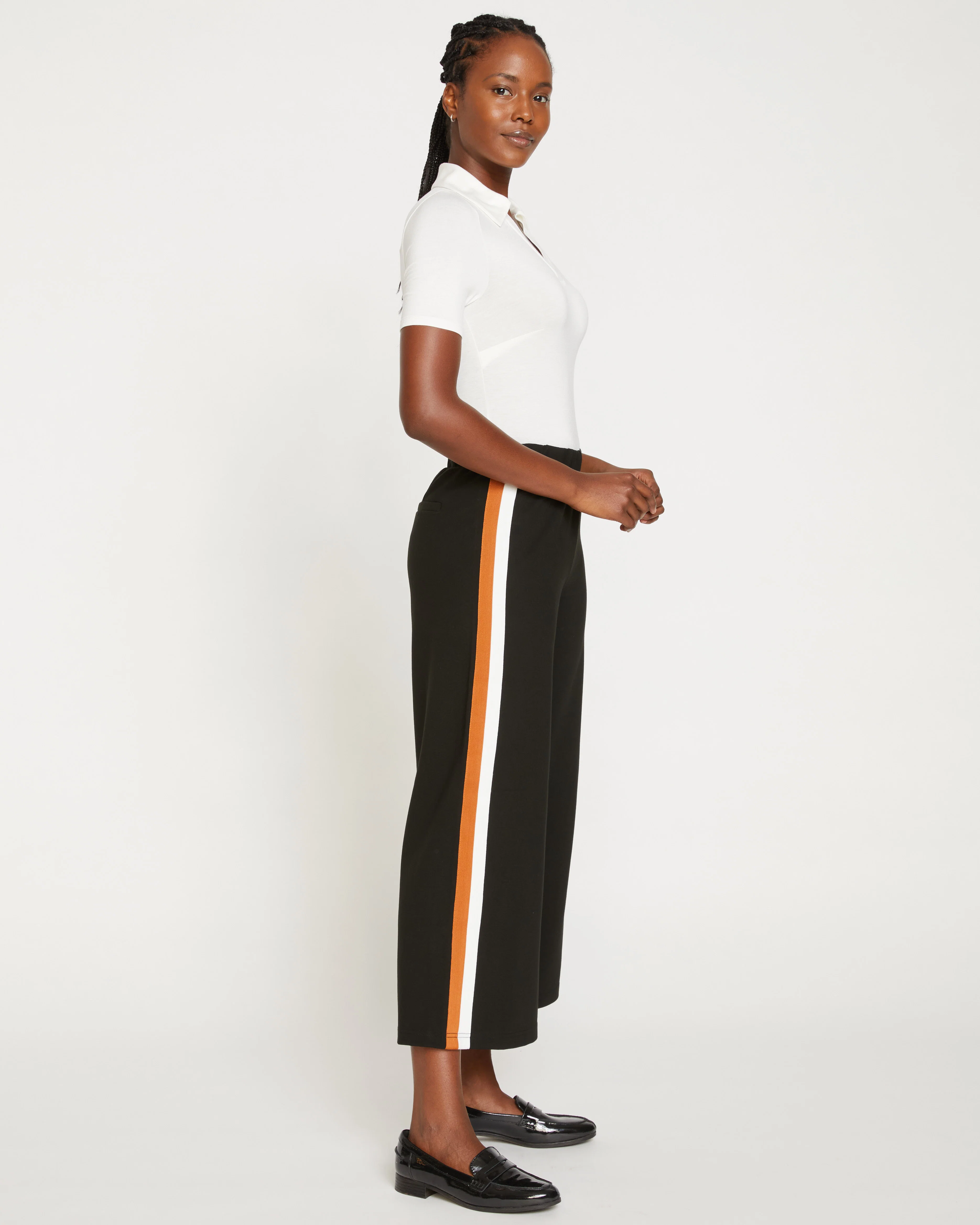 Stephanie Wide Leg Stripe Ponte Pants 27 Inch - Black with Ochre/White Stripe - Image 3