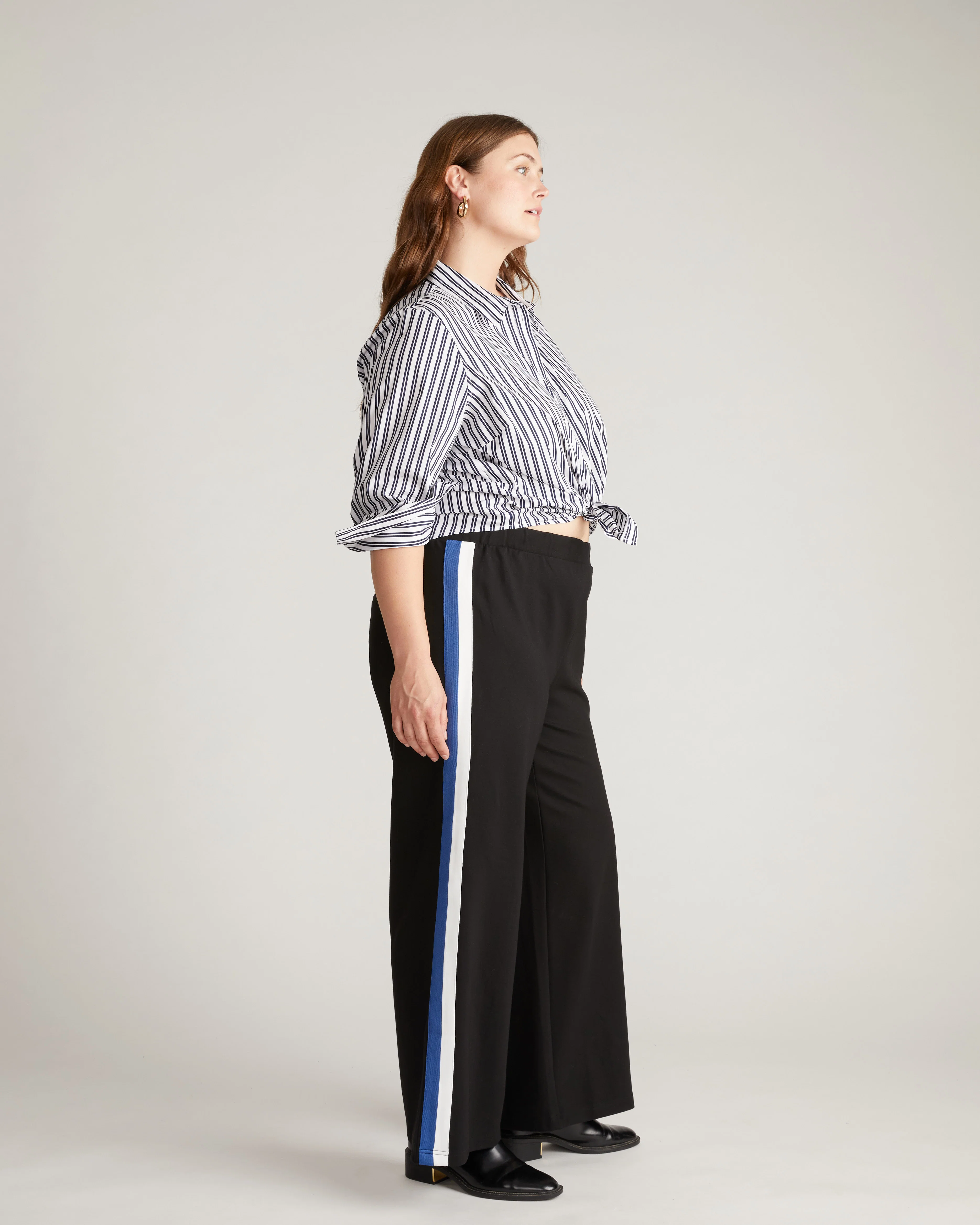 Stephanie Wide Leg Stripe Ponte Pants 30 Inch - Black with Blue/White Stripe - Image 2