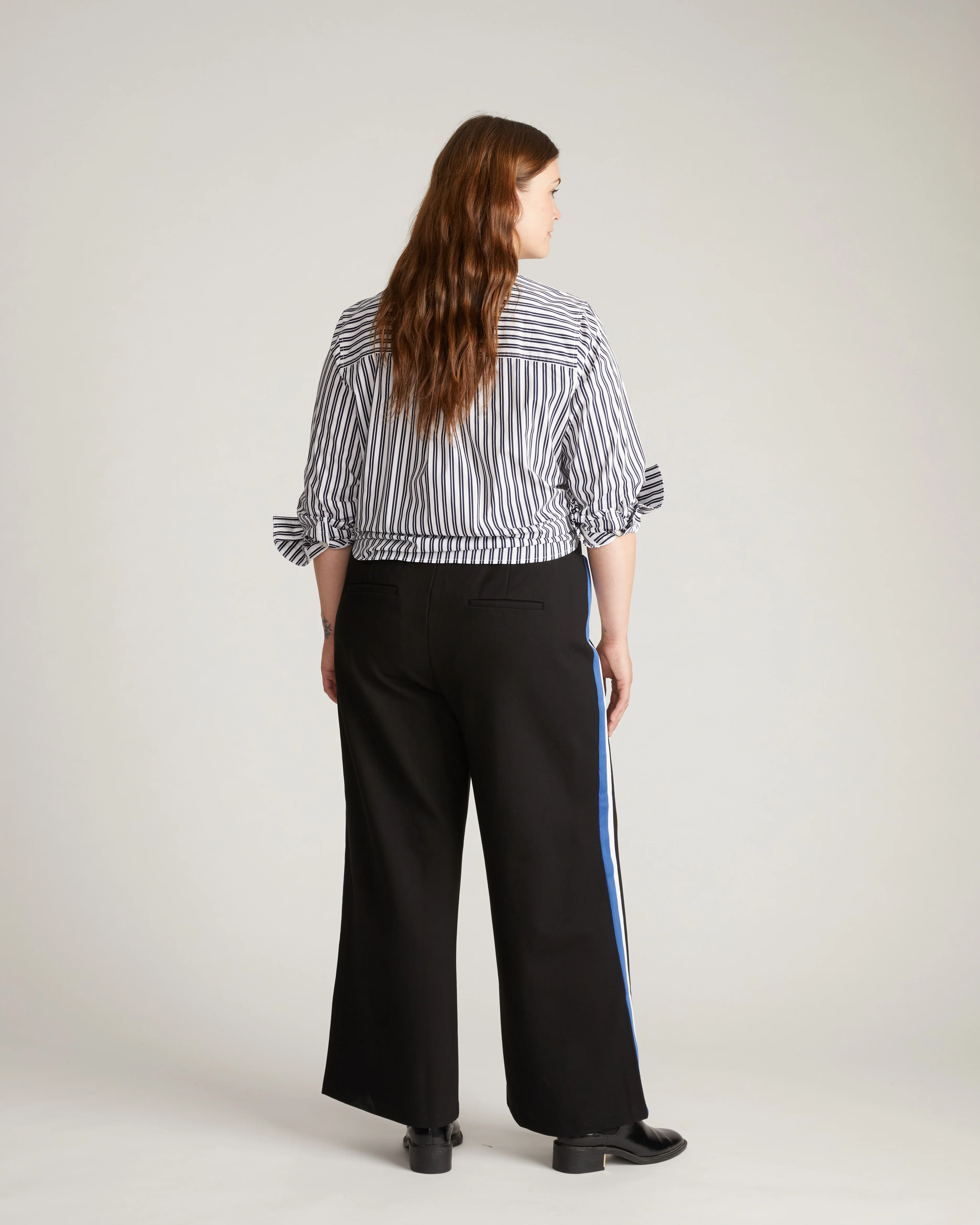 Stephanie Wide Leg Stripe Ponte Pants 30 Inch - Black with Blue/White Stripe - Image 3