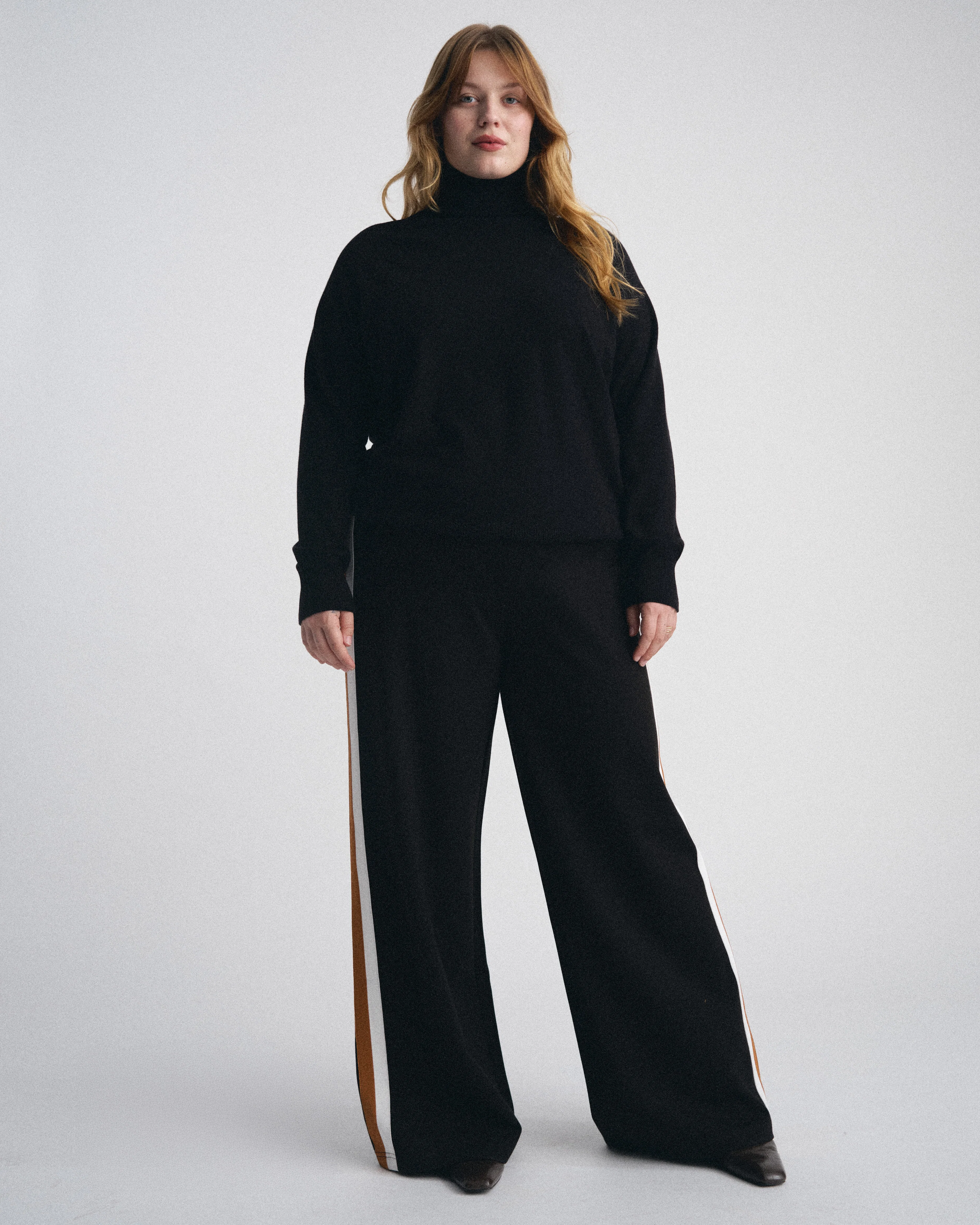 Stephanie Wide Leg Stripe Ponte Pants 30 Inch - Black with Ochre/White Stripe - Image 4
