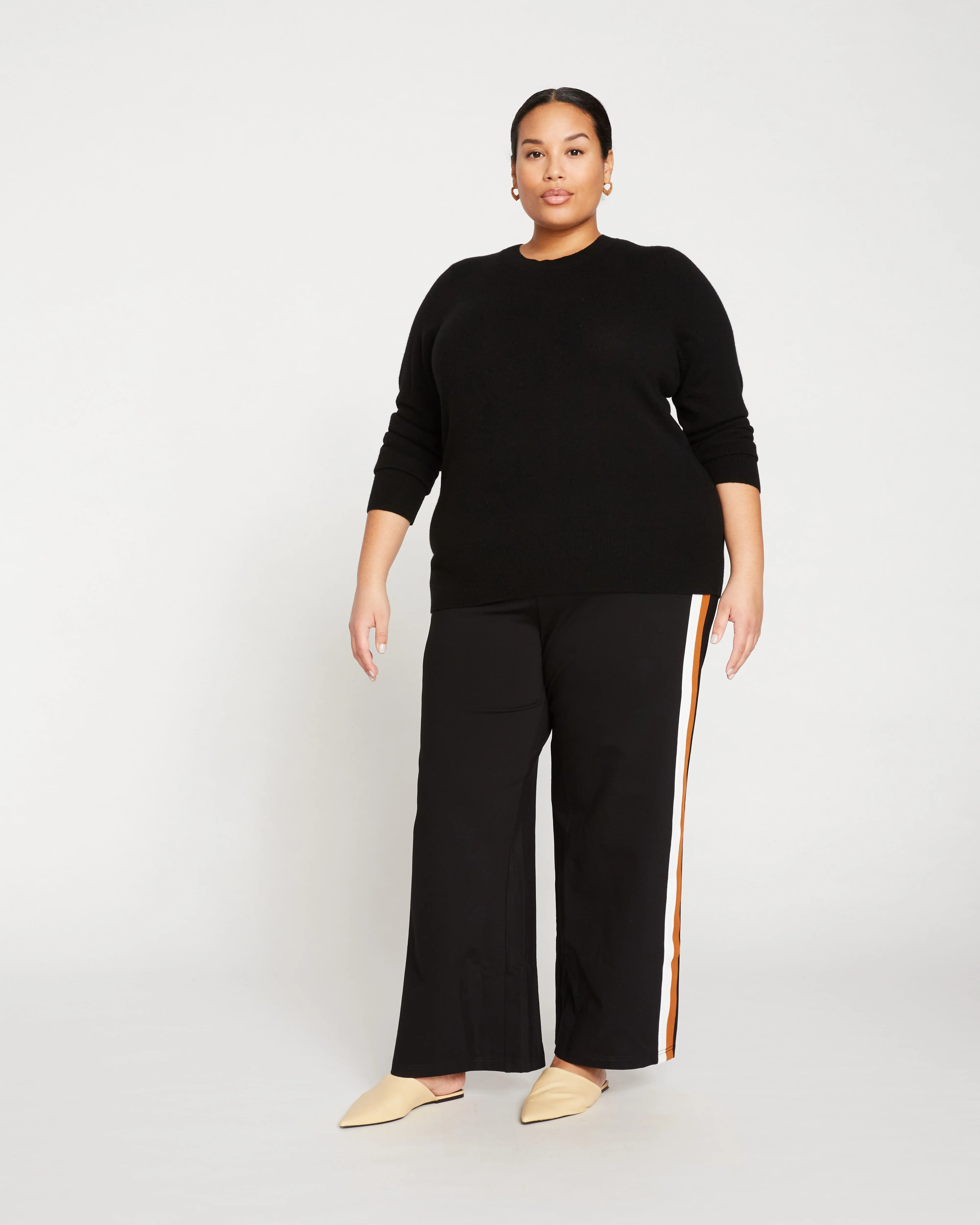 Stephanie Wide Leg Stripe Ponte Pants 30 Inch - Black with Ochre/White Stripe - Image 6