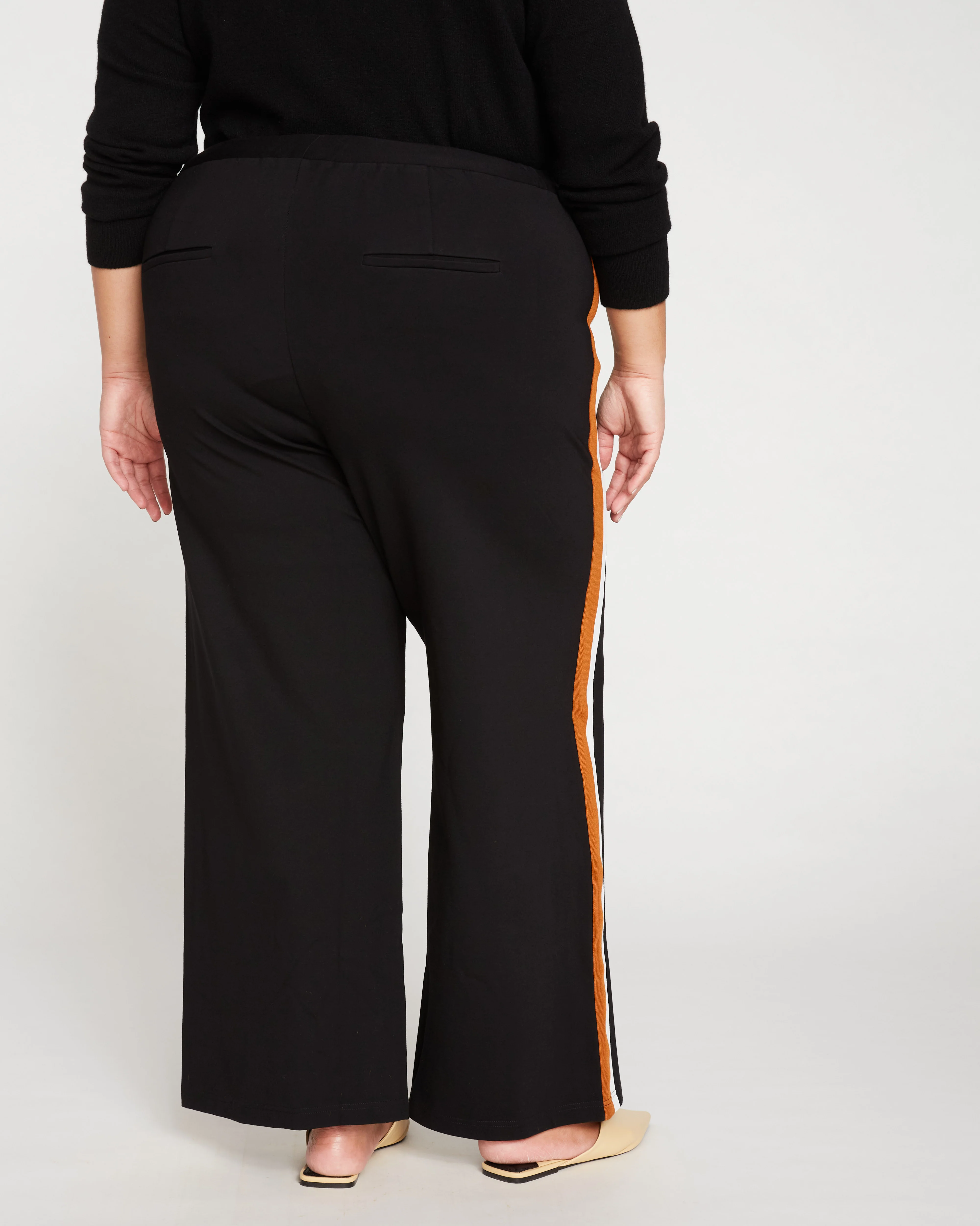 Stephanie Wide Leg Stripe Ponte Pants 30 Inch - Black with Ochre/White Stripe - Image 7