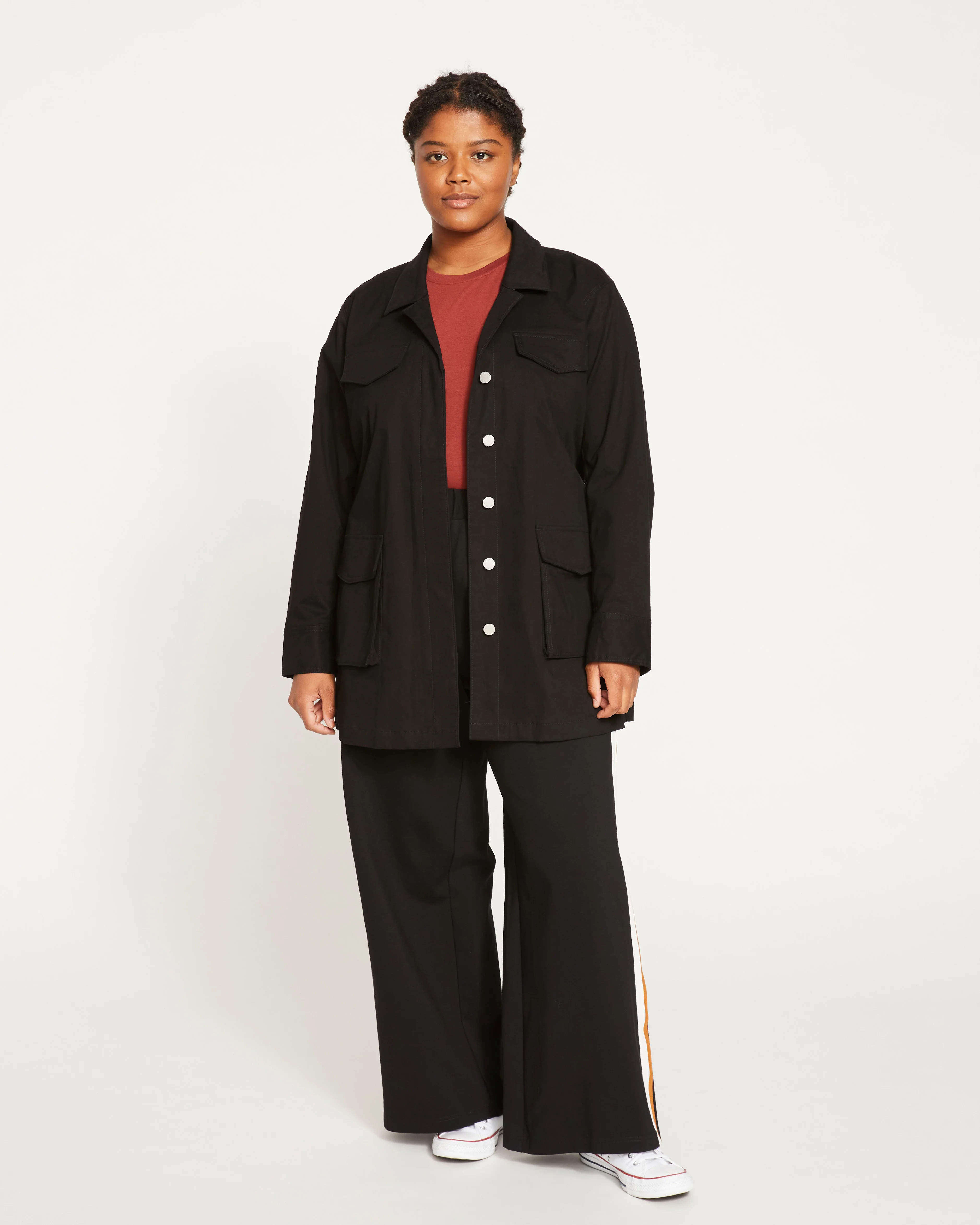 Stephanie Wide Leg Stripe Ponte Pants 30 Inch - Black with Ochre/White Stripe - Image 8