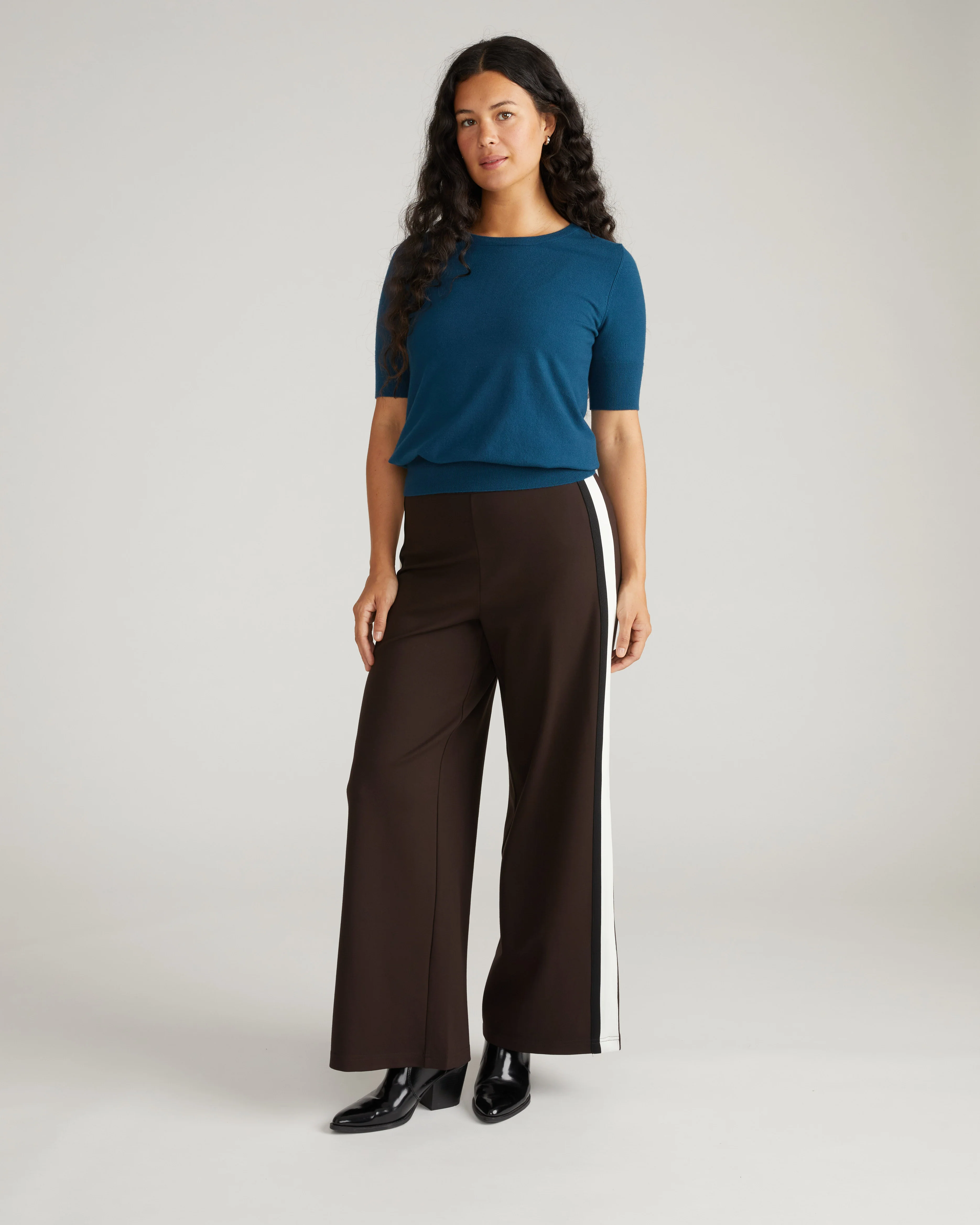 Stephanie Wide Leg Stripe Ponte Pants 30 Inch - Espresso with Black/Ecru Stripe - Image 4