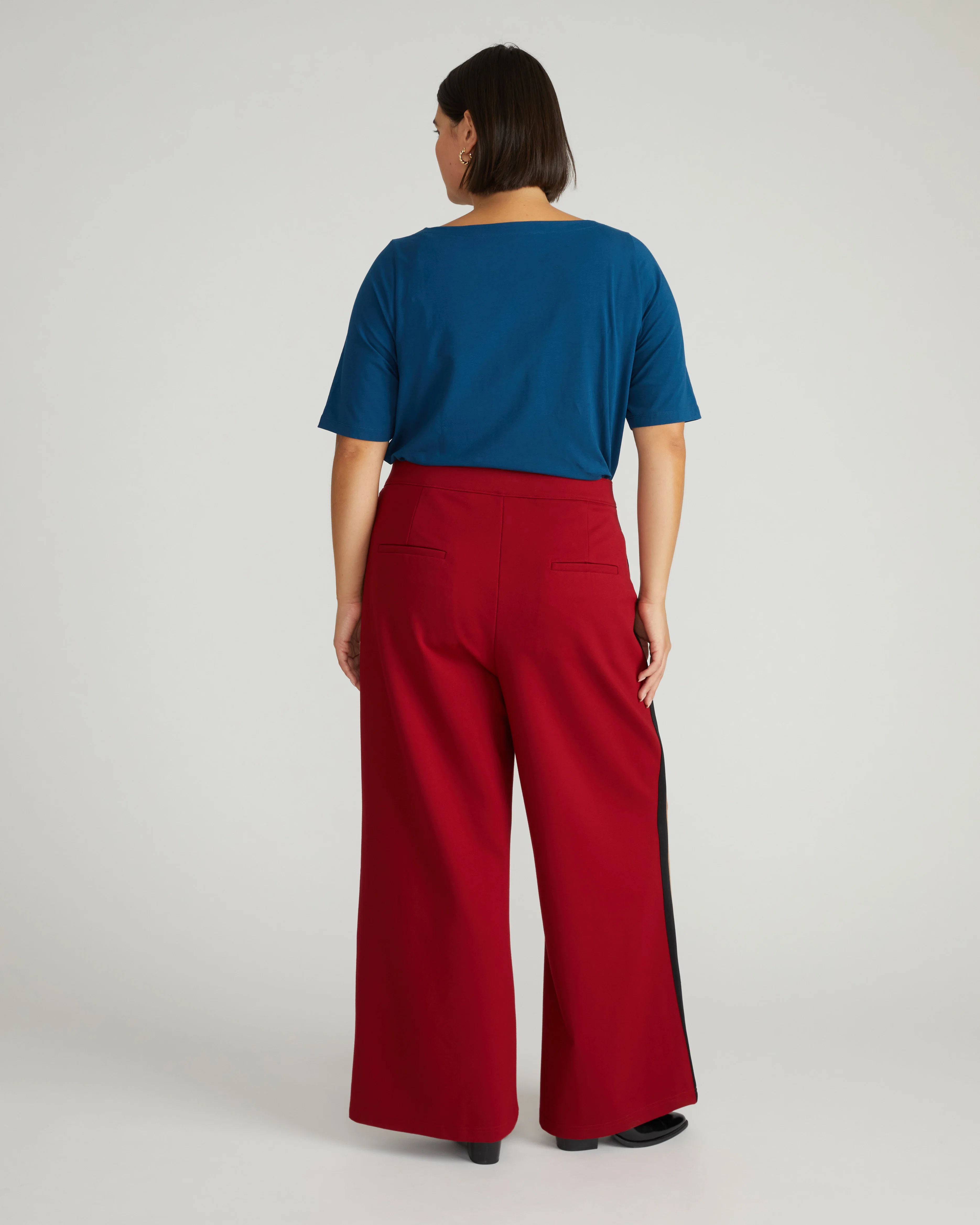 Stephanie Wide Leg Stripe Ponte Pants 30 Inch - Garnet with Camel/Black Stripe - Image 5