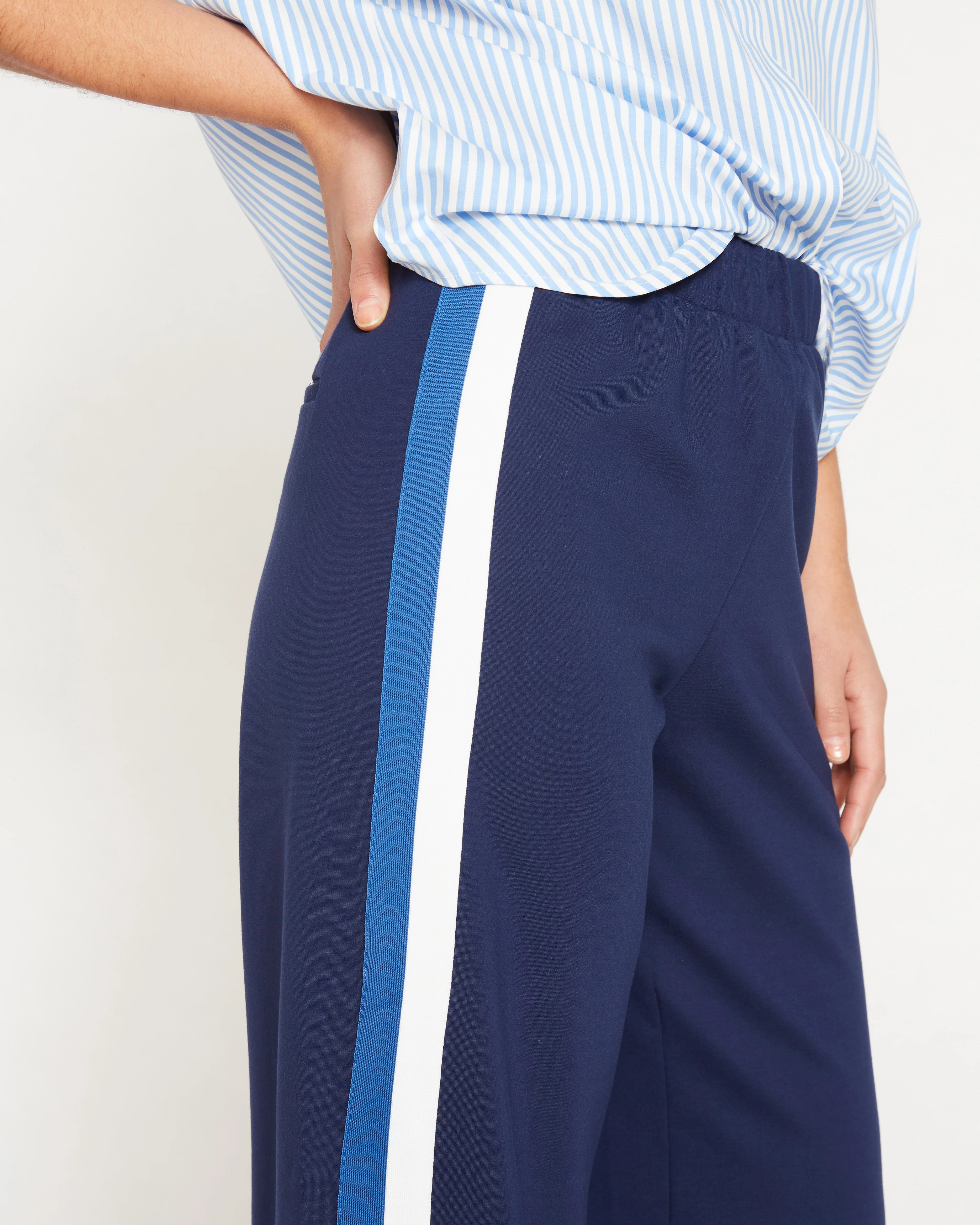 Stephanie Wide Leg Stripe Ponte Pants 30 Inch - Navy with Blue/White Stripe - Image 2