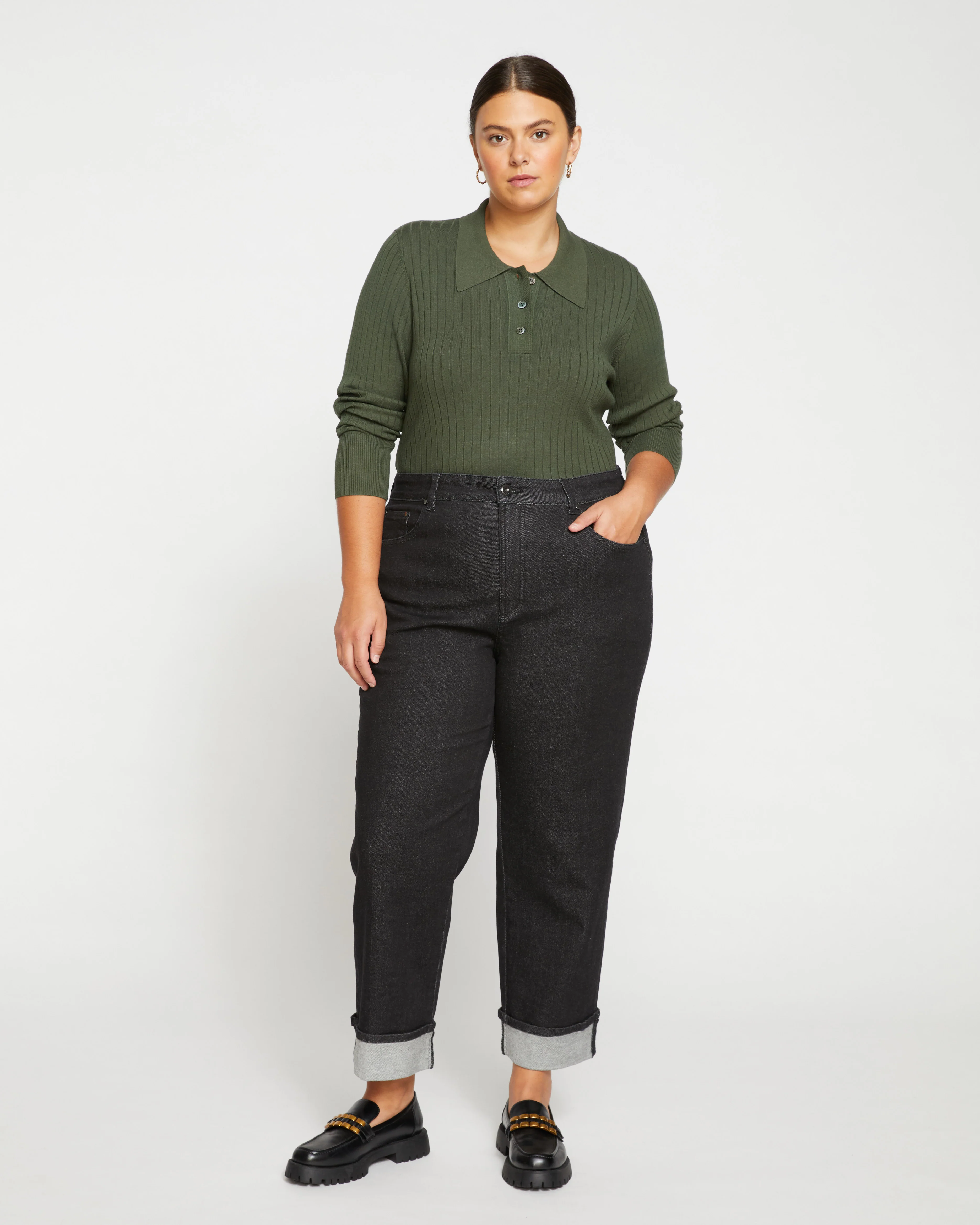 Stevie High Rise Cuffed Straight Leg Jeans - Black Selvedge - Image 2