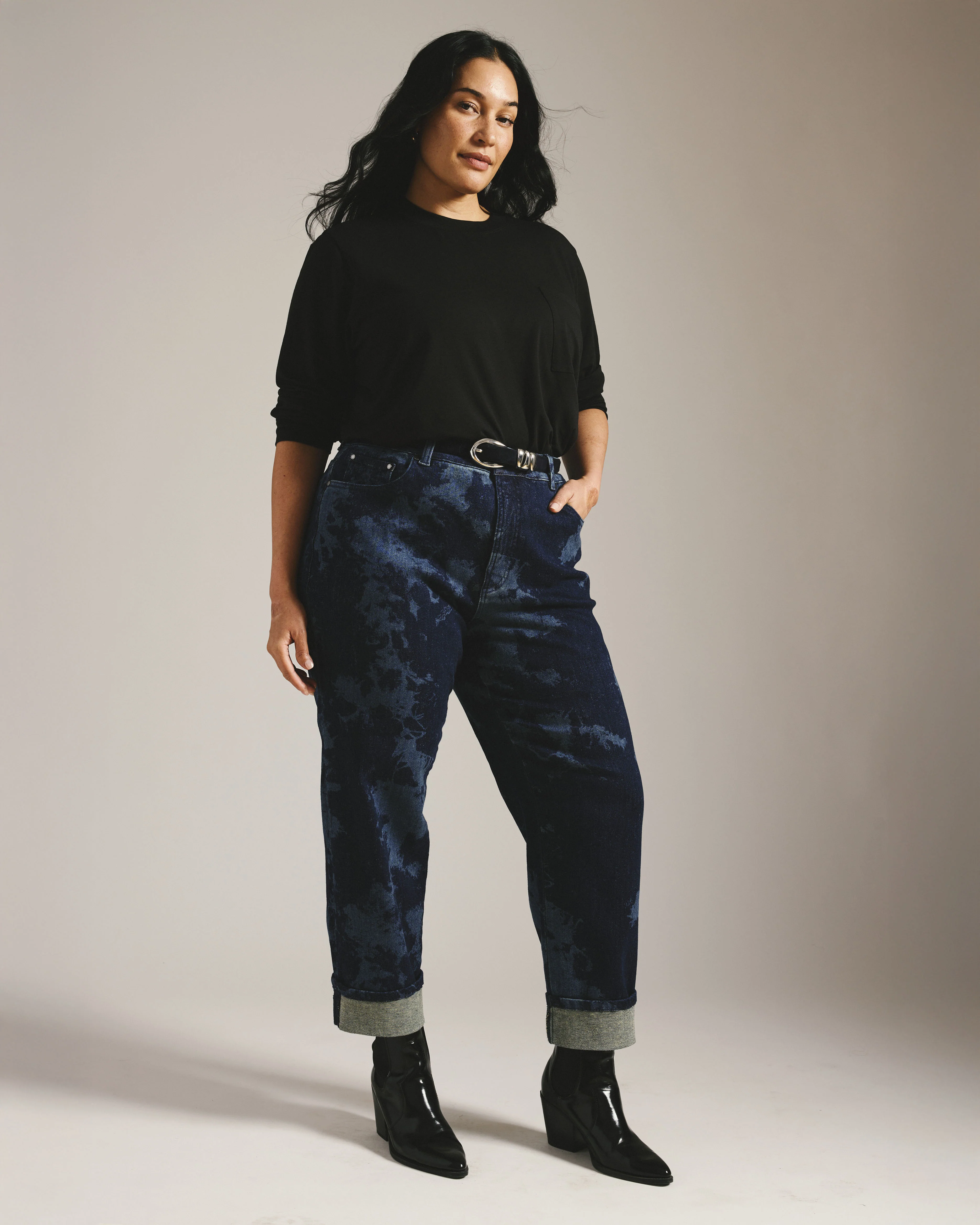 Stevie High Rise Cuffed Straight Leg Jeans - Indigo Tiedye Wash - Image 3