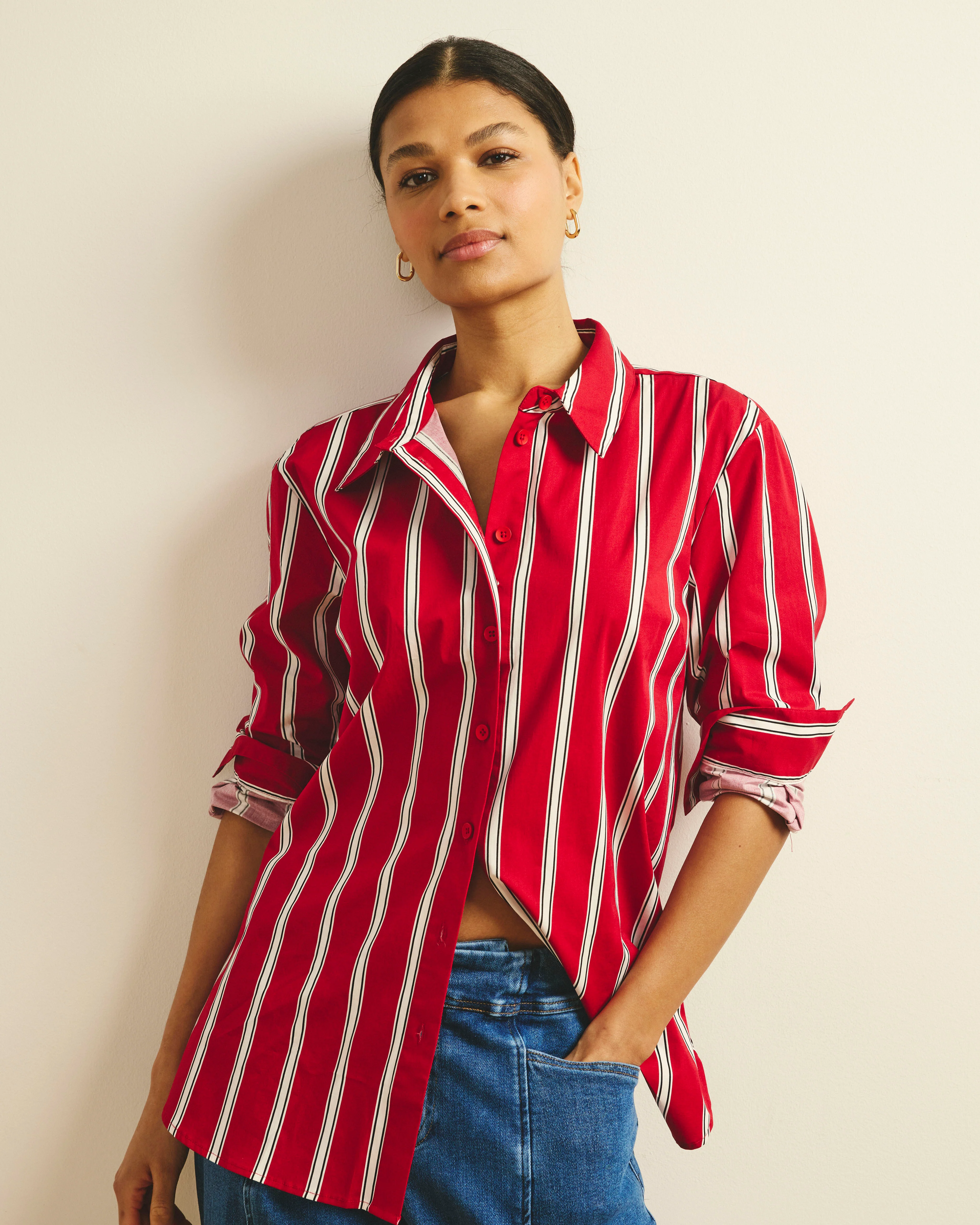 The Artist Poplin Shirt - Red/Black/White Stripe